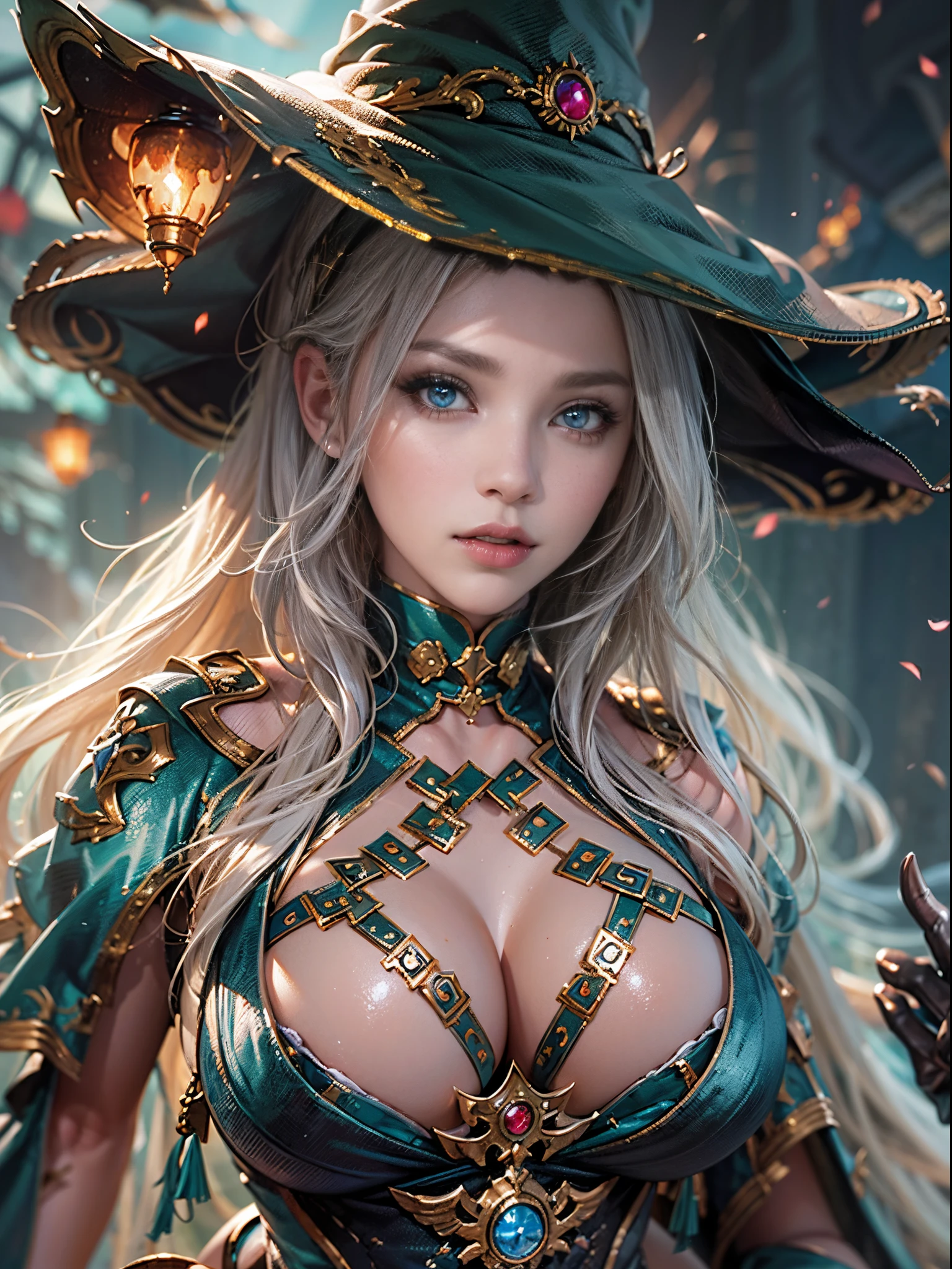 ((Magister、Beautuful Women))Ultra-realistic details、An ultra-high picture quality、8K、3d rendered、Sexy costume with wide open chest、Fighting monsters、real-time、cast a spell on monsters、(Beautuful Women:0.8)、