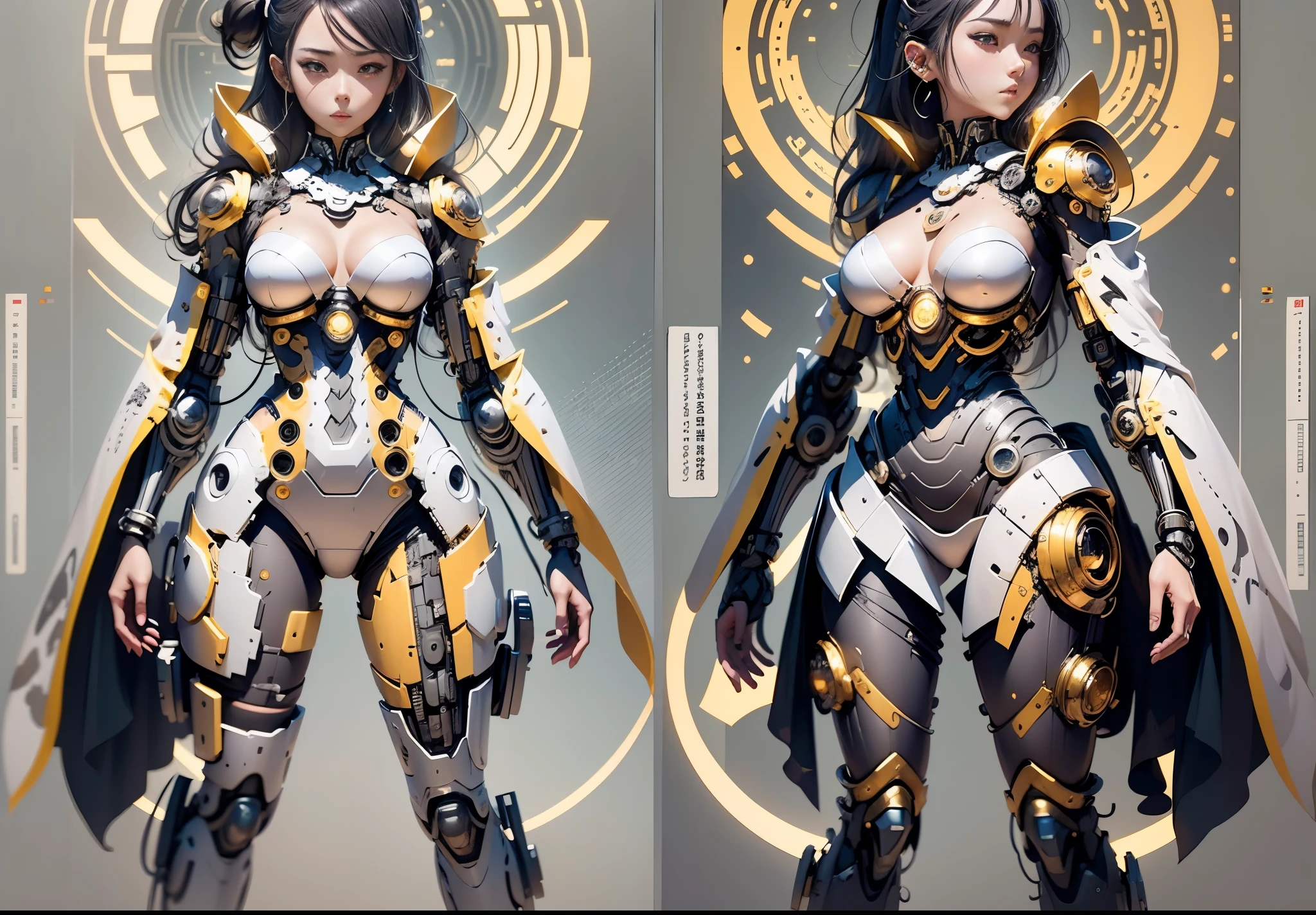 Japanese manga style character sheet of cyberpunk girl, front side and back, full body, white and black background, detailed, intricate
