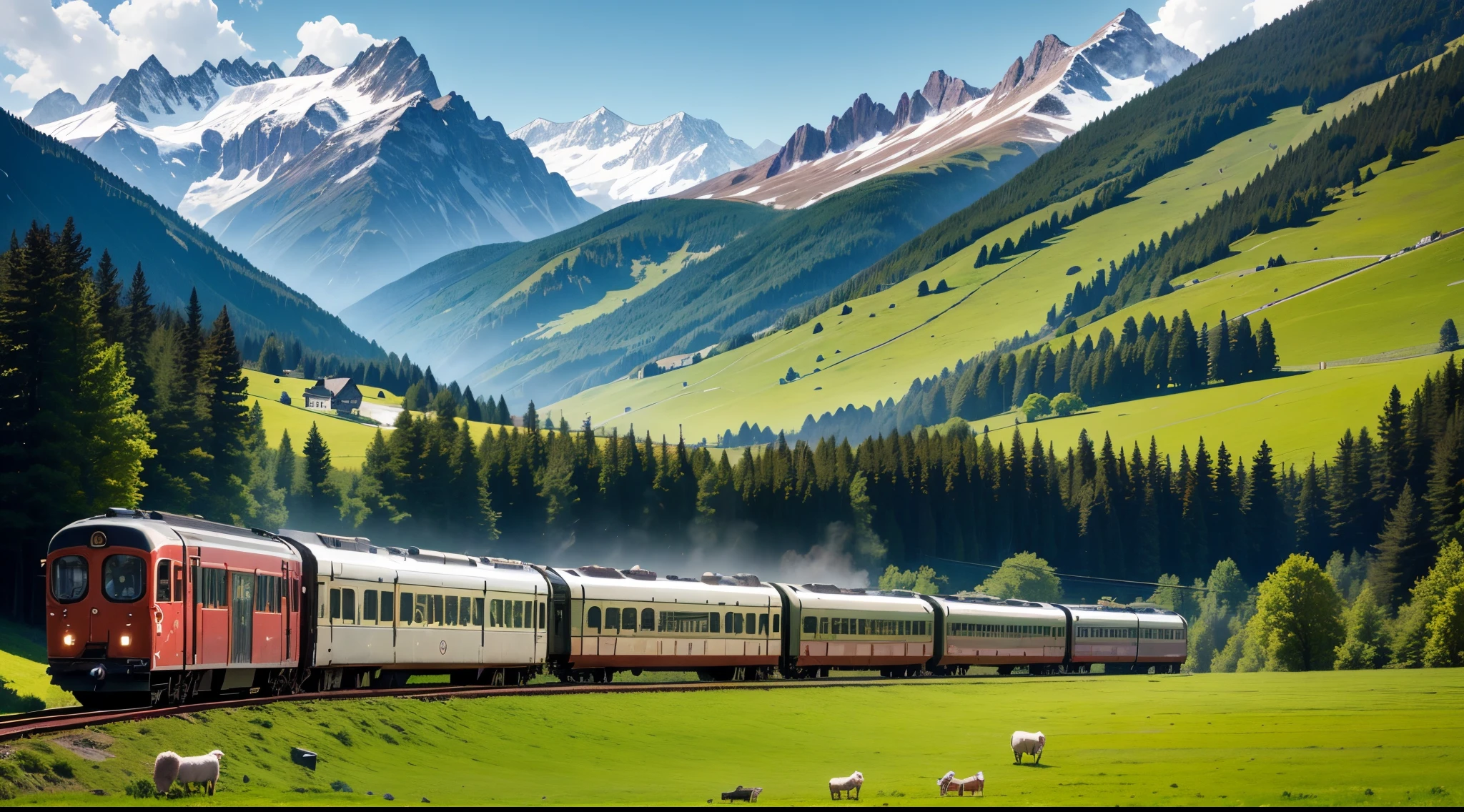 train running on rails,Retro,in the mountains of germany,(cute sheep in the meadow),the woods,,,chies,,​masterpiece,dynamic compositions,Shot by a professional photographer,awardwinning