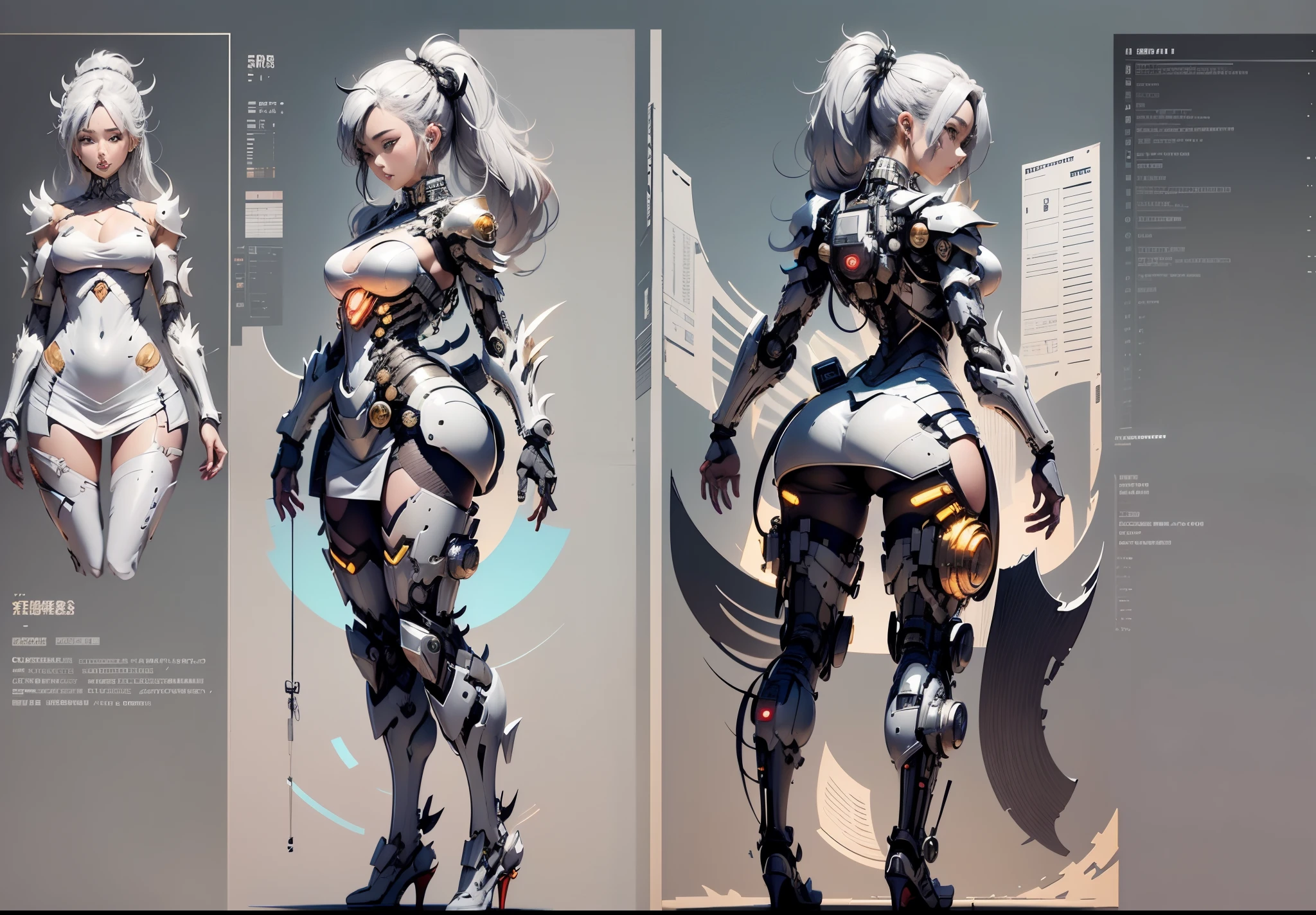 Japanese manga style character sheet of cyberpunk girl, front side and back, full body, white and black background, detailed, intricate