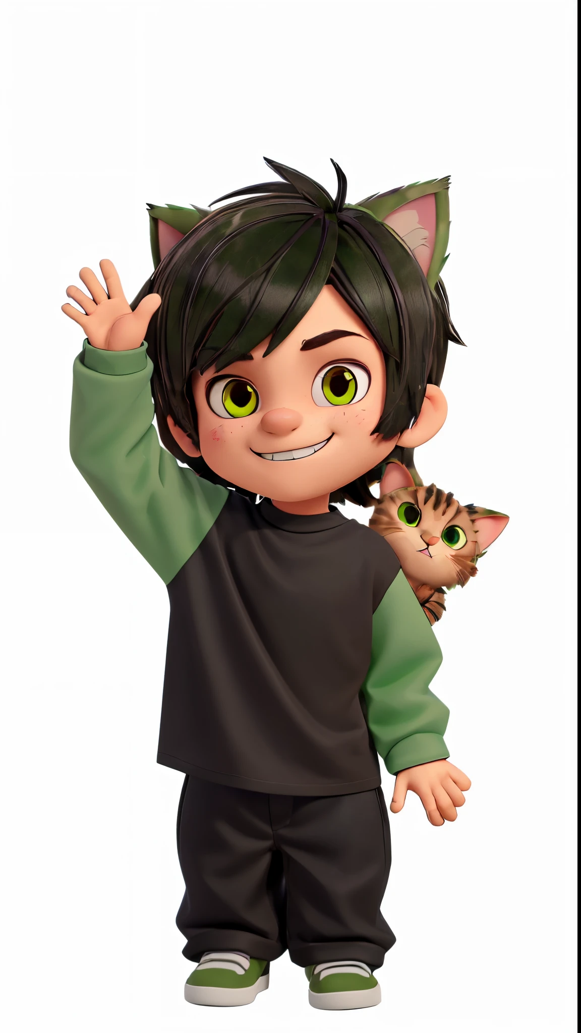 cute boy with brown emo hairstyle, smiling, Camouflage Green cat ears, black shirt, Camouflage Green long sleeves, black pants, Camouflage Green shoes, waving hand, cat on shoulder, very detailed