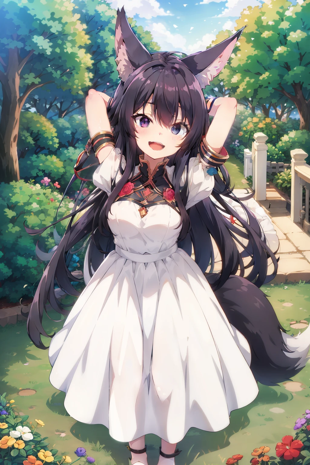 masterpiece, best quality, highres, aarurutie,1girl, wedding dress, white dress, standing, garden, smile, open mouth, Delta, long black hair, fox ears, black eyes, fox tails