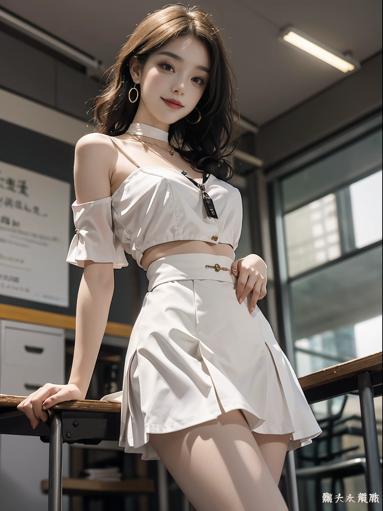 ((from below)), A young girl, beautiful girl, 校服, jk_lure_dress3, White color blouse, black short skirt, cropped shoulders, Slim, Slimming the waist, high-heels, the shy, grinning smile, ear nipple ring、choker necklace、heavy  makeups，Gorgeous eye makeup，Extremely beautiful eyes, coiffed blonde hair, curlies, long and flowing hair, In the office, leaning on desk, Mess up your hair, Posing for photos, Pose gracefully, Random shooting angle, warmly lit, Warm color palette, Best quality at best, beauitful face, Attractive, 超高分辨率, ultra real photo