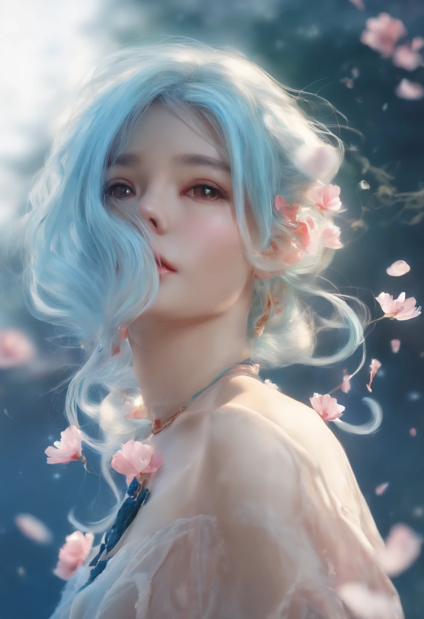 (masterpiece), (best quality), (ultra detailed),(disheveled hair),(illustration), (1girl), (Fashionable clothing), standing, Fashion model, looking at viewer, (interview), (simple background),beautiful detailed eyes, delicate beautiful face, Floating,(high saturation),(colorful splashes),colorful bubble,(shining), focus on face, ponytail, kamisato ayaka, light blue hair, bangs, hair ring, floating flowers, floating hairs, (shining), best lighting, best shadow,
