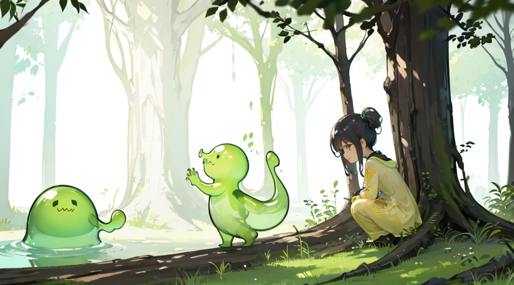 A transparent slimegirl fiercely stalking another petite girl in a wild and unpredictable manner,clothesless,