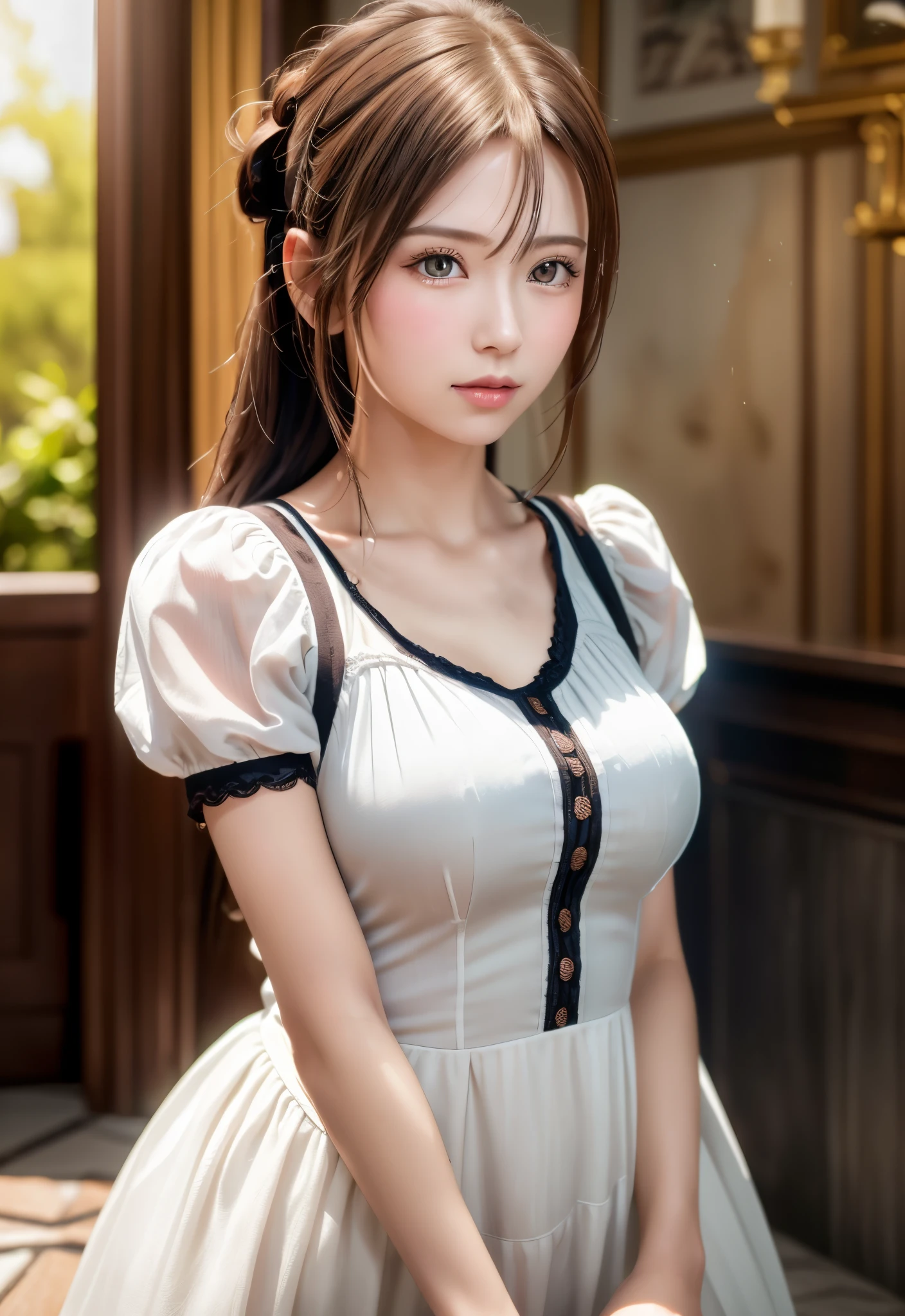 (MASTERPIECE:1.2),(CGI ART:1.3),(REALISTIC:1.5),(POST PROCESSING:1.3),(SHARP FOCUS:1.3),8K,1 girl in bedroom, ((UPPER BODY)), ((white dress)), (((shiny skin))), (wide shot:1.4), window, (((Pastel balloons MESS IN BACKGROUND))), (high shadows detail), (ILLUSTRATION:1.2), (ulzzang-6500 :1.0), ((HDR)), 粗大腿, 宽臀, 细腰, 高个子, 珊瑚色, 红唇, 红眼, 马尾, (汗水: 1.2), (湿), 性感, 脸红