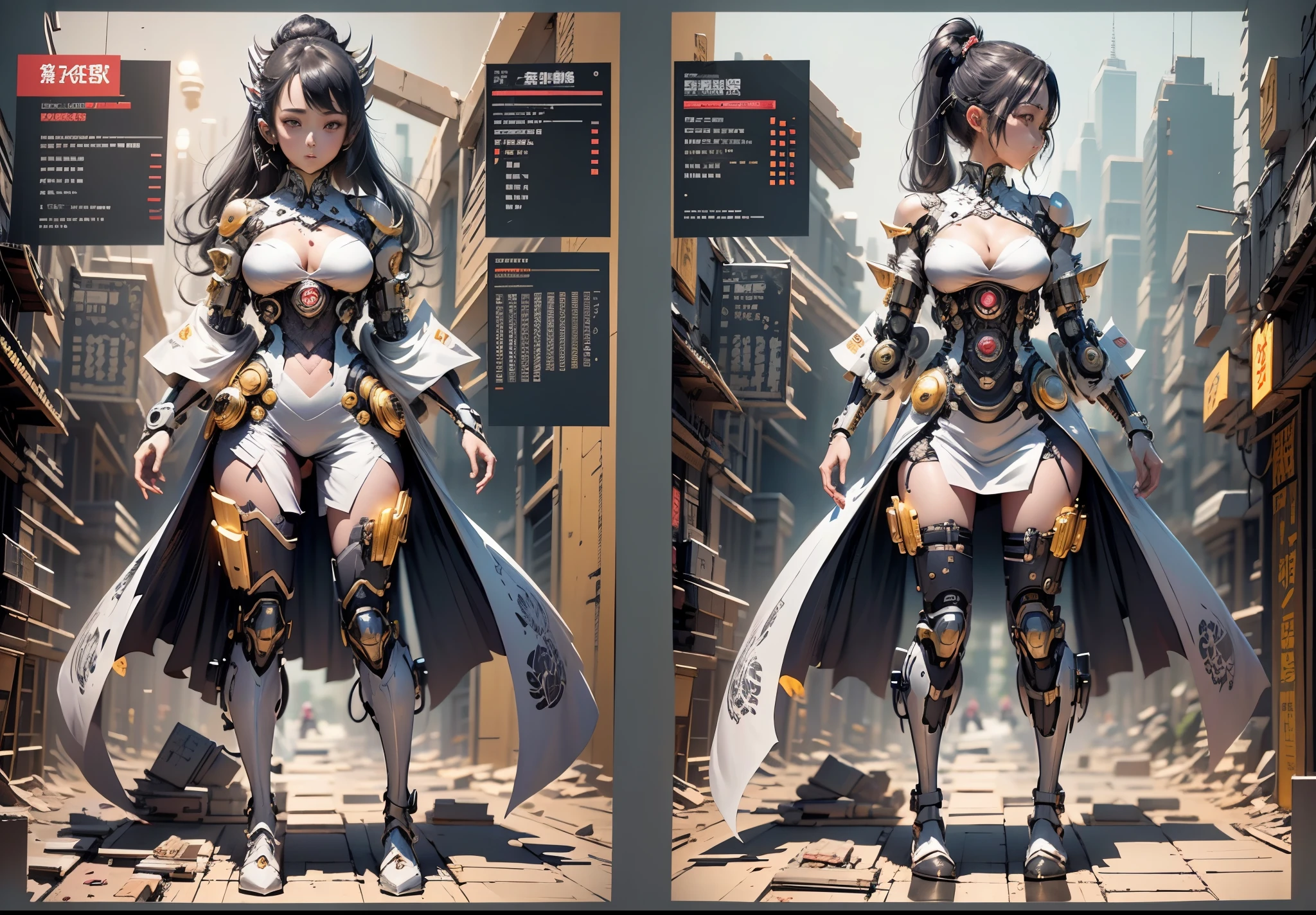 Japanese manga style character sheet of cyberpunk girl, front side and back, full body, white and black background, detailed, intricate