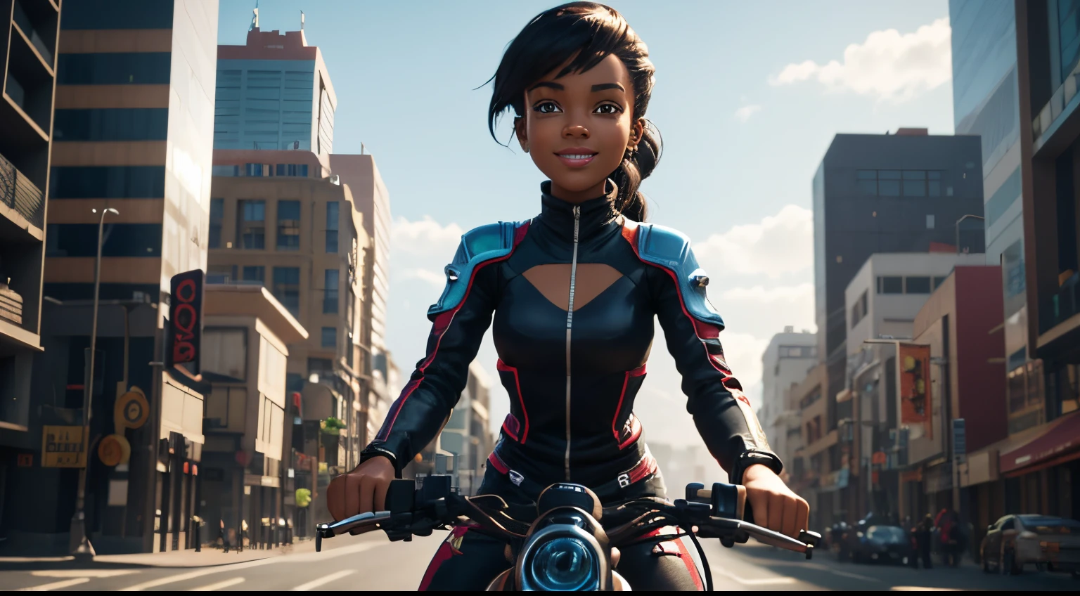 a cartoon character of an African young Cyborg age girl, 20 yearsa, vibrant and spirited cyborg teen, riding a Futuristic Quad bike up Hill, overlooking the bustling futuristic city, with vibrant and modern sense of fashion, stylish and futuristic attire, dark hair, thin, with a big smile, small and thin nose, animation character, stylized character, animation style rendering, 3D stylized, Arnold Maya render, 3d render stylized, toon render keyshot, 3D Character, 3D Character, 3d rendering stylized, 3d character render, cartoon character, full view character, Character pose, (Pixar Style) (master part:1.2) (Bokeh) (best quality) (detailed skin) (detailed texture) (8k) (clay) (Cinematic lighting) (sharp focus) Camera Angle: Wide shot Character Movements: