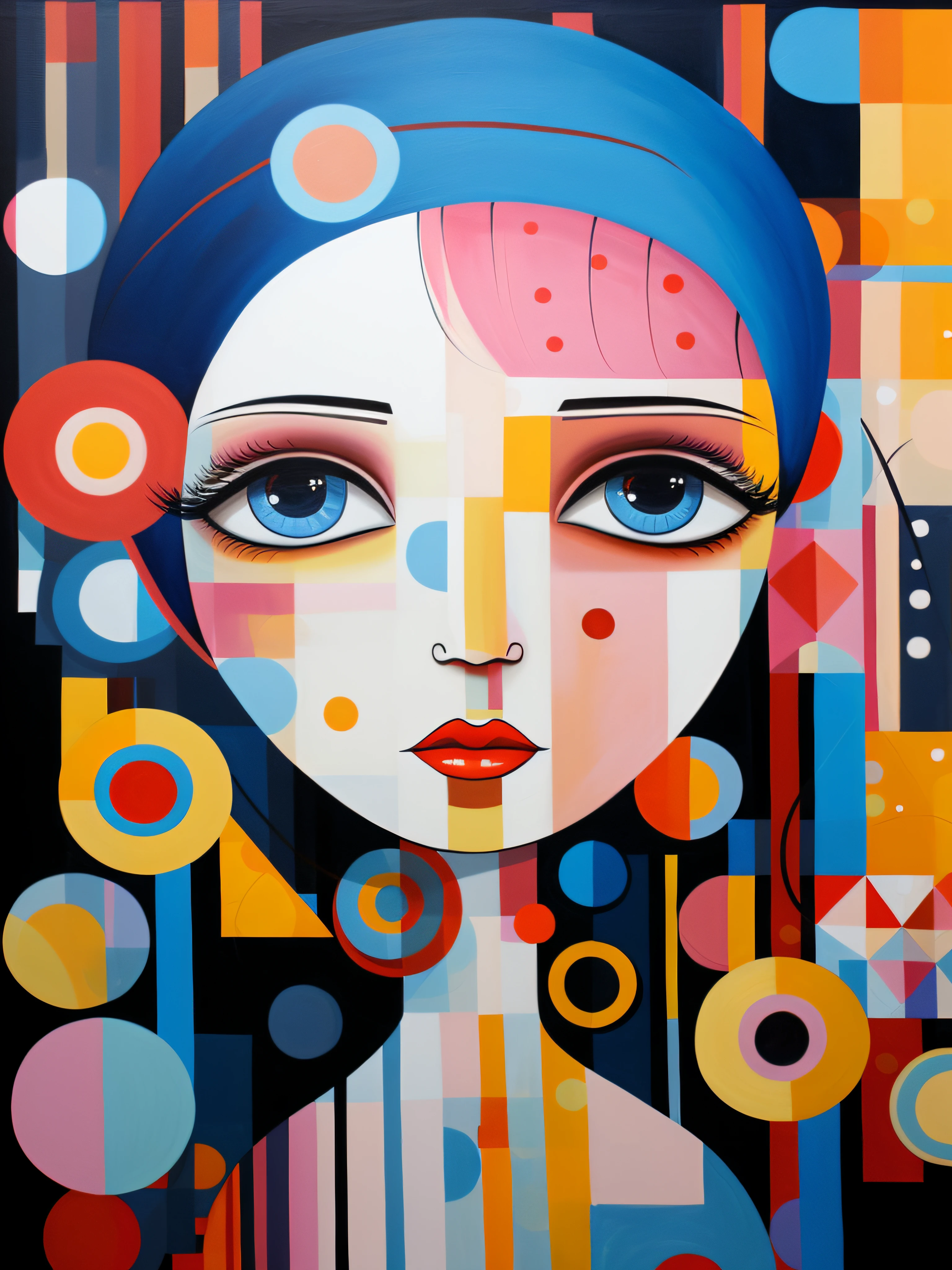 painting of a woman with a blue headband and a colorful background, toyism, inspired by Sandra Chevrier, a portrait of a blue eye girl, vibrant cartoon art, beautiful art uhd 4 k, colorful art, girl, art of alessandro pautasso, in style of digital illustration, girl with white eyes, geometric abstract beauty, synthetic cubism