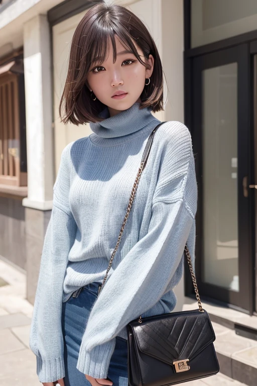 (Turtleneck knitwear、Shoulder bag)、(top-quality,​masterpiece:1.3,超A high resolution,),(ultra-detailliert,Caustics),(Photorealsitic:1.4,RAW shooting,)Ultra-realistic capture,A highly detailed,high-definition16Kfor human skin、 Skin texture is natural、、The skin looks healthy with an even tone、 Use natural light and color,One Woman,japanes,,kawaii,A dark-haired,Shorthair,Middle hair,(depth of fields、chromatic abberation、、Wide range of lighting、Natural Shading、)、(Hair swaying in the wind:1.2)、street corner