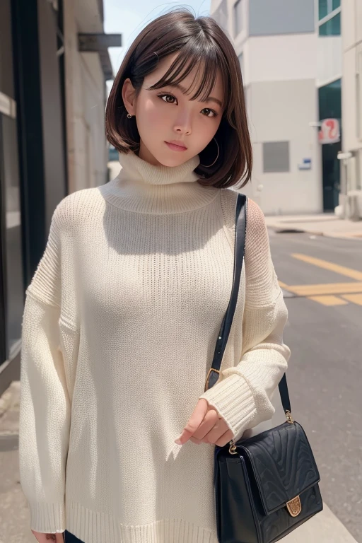 (Turtleneck knitwear、Shoulder bag)、(top-quality,​masterpiece:1.3,超A high resolution,),(ultra-detailliert,Caustics),(Photorealsitic:1.4,RAW shooting,)Ultra-realistic capture,A highly detailed,high-definition16Kfor human skin、 Skin texture is natural、、The skin looks healthy with an even tone、 Use natural light and color,One Woman,japanes,,kawaii,A dark-haired,Shorthair,Middle hair,(depth of fields、chromatic abberation、、Wide range of lighting、Natural Shading、)、(Hair swaying in the wind:1.2)、street corner