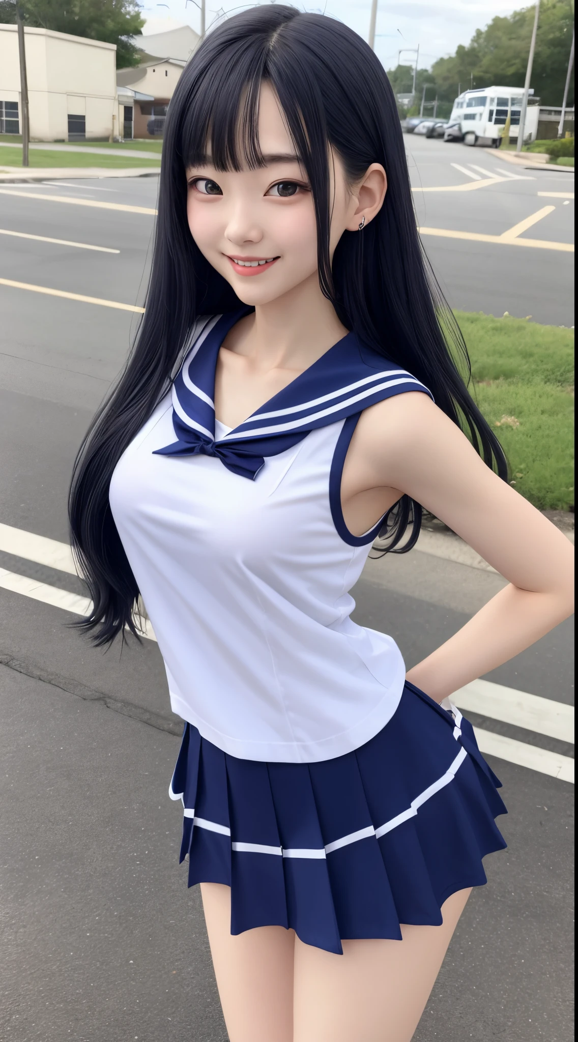 top-quality、realistic touch,high-detail、photoRealstic、big eye、lean and slender body、huge tit、wearing clothes that are too small、Strong eyelashes、A sexy、full body Esbian、Submissive smile、Flushed cheeks、Kamimei、thin-waist、Voluptuous thighs、Enraptured look、Country road side、high school student in sailor suit、sleeveless、Tall、Her skirt is too short and her butt is visible.、long slender legs、Thin long eyebrows、Sensational attire、