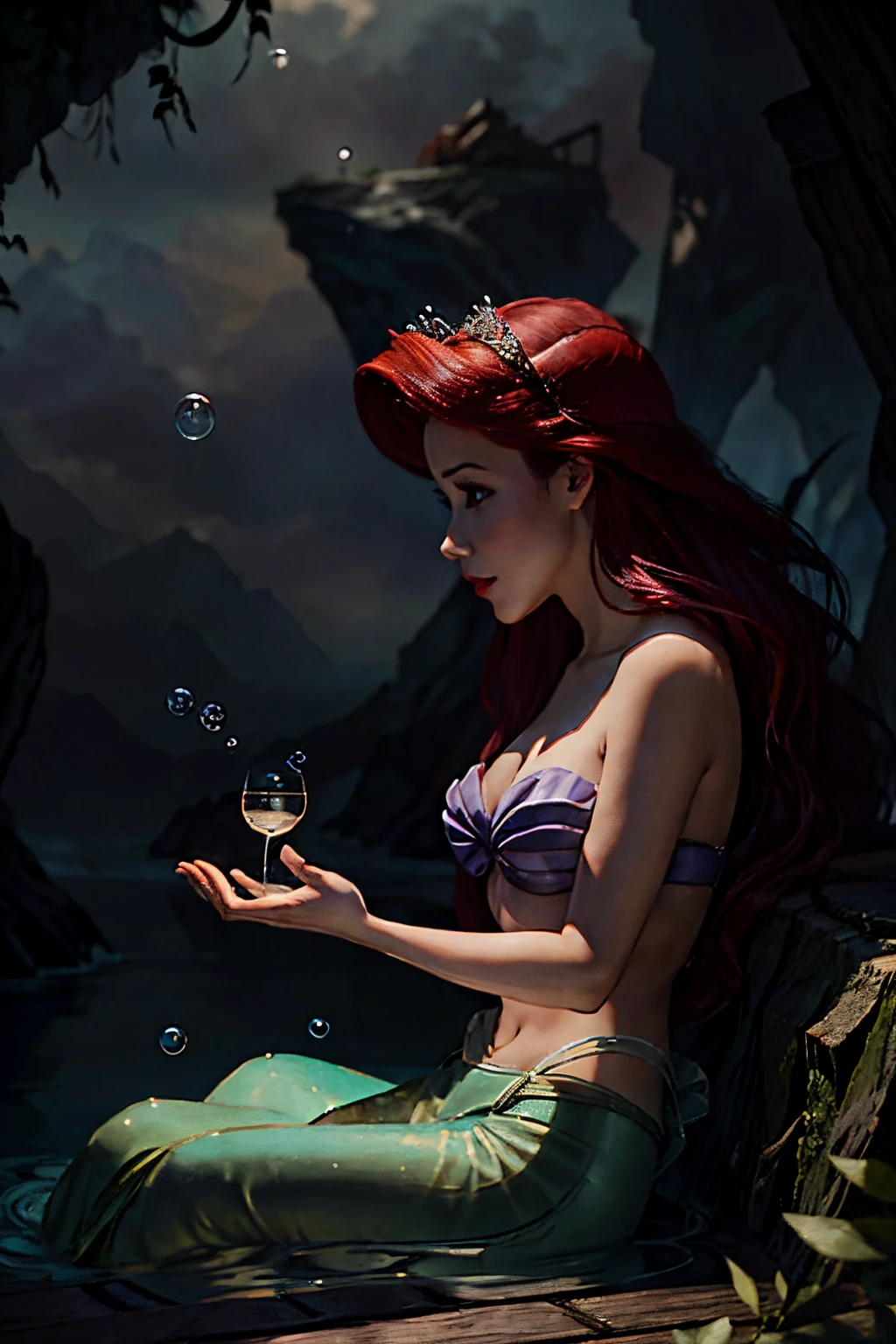 最高质量，杰作：1.2，细节详细，portrait of a 19-year-old woman dressed as Ariel The Little Mermaid from Disney. She holds a starfish in her hands. She’s sitting by the sea and she is surrounded by bubbles