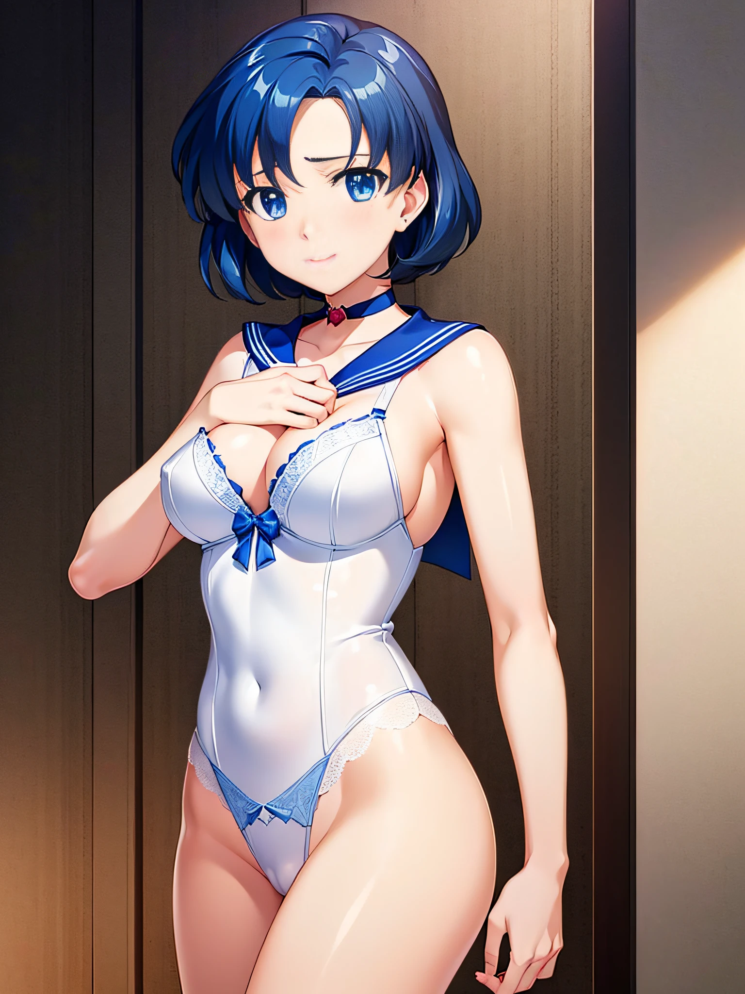 1girl in, lightsmile, Shiny skin, Best Quality, masutepiece, (Game CG:1.4), NSFW, Detailed beautiful face and eyes,爆乳、Lingerie with a small area, Sailor Mercury, I could feel the battle, Serious, Cowboy Shot、large full breasts