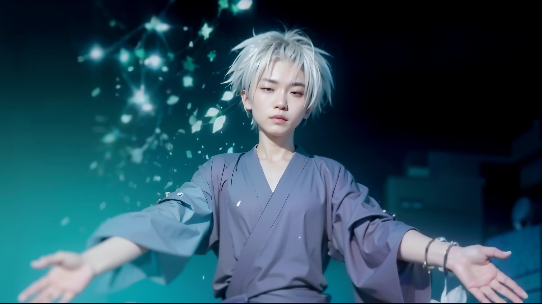 Man, gray kimono, spiky silver hair, slowly fading with bright sparkles