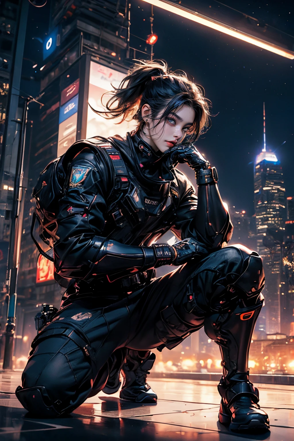 CG Mecha, Beautiful eyes, Upper body, （Mechanic Armor）, Portrait,jet suit、flying though the air、patrol、 police officers、flawless、Neon light, 8K, raw, Best Quality, masutepiece, 超A high resolution, Colorful, (medium wide shot), (Dynamic perspective), foco nítido , (depth of fields, Bokeh:1.3), extremely detailed eye and face,ninjartist, Beautiful detailed eyes、Black gold, Trimmed gear:1.2), ((masutepiece, Best Quality)), Detailed background, Inside the spacecraft、Hold your weapon、（Gray hair）、brue eyes、poneyTail、dirty、bio luminescent、fullmoon、Photographed with Canon R5、Get down on one knee、Dark Fantasy,​masterpiece,connected to the plug、spectrum、the chaos