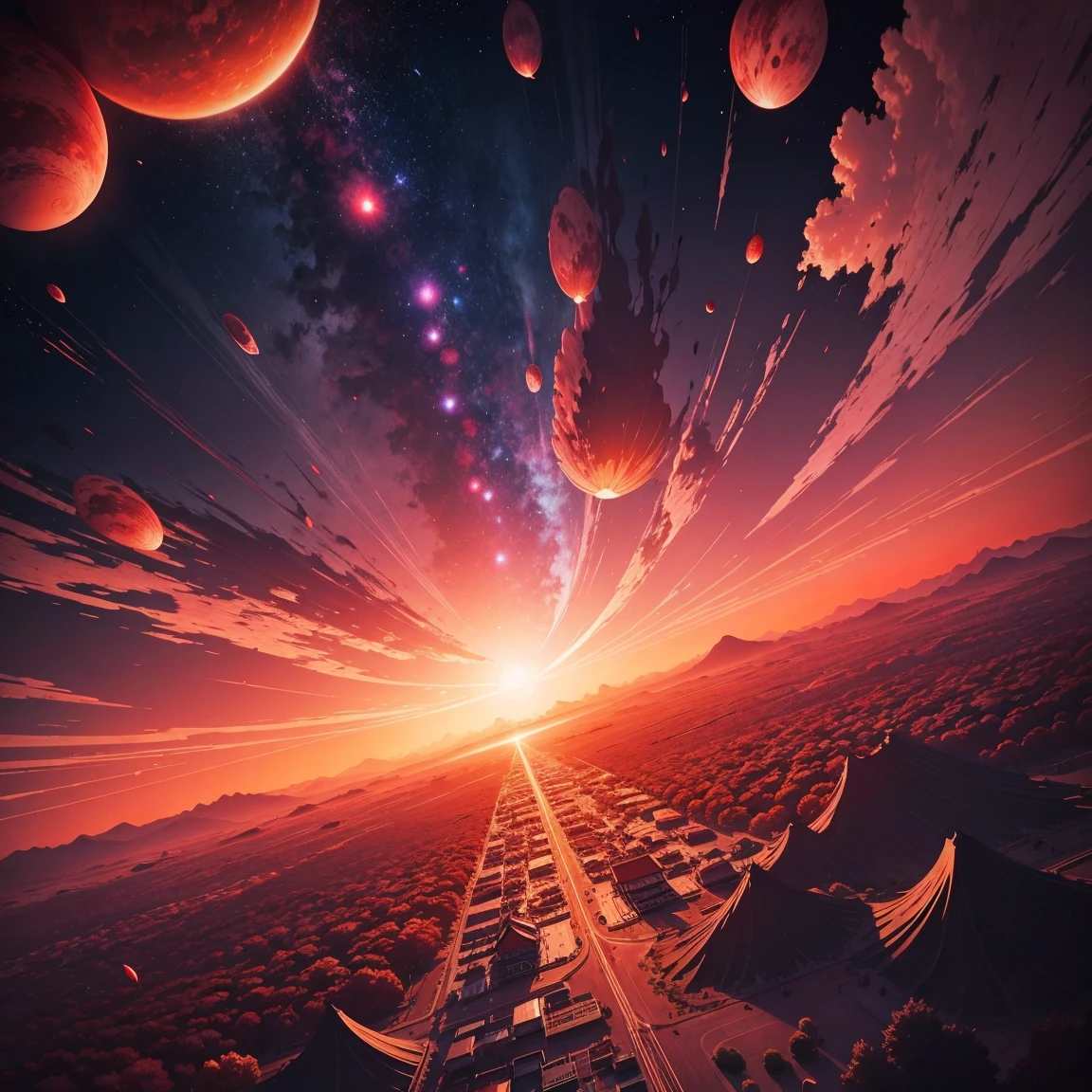 Giant planets,Crimson sky,the ground,A beautiful cherry blossom tree,magma,falling leaf,Honkai,fragmented