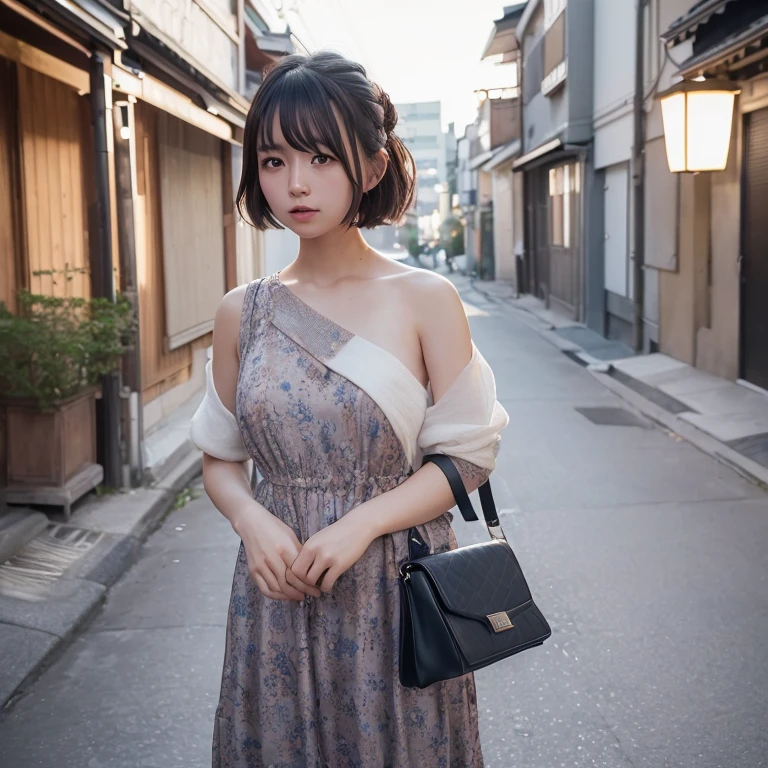 (dress、Shoulder bag)、(top-quality,masterpiece:1.3,超A high resolution,),(ultra-detailliert,Caustics),(Photorealsitic:1.4,RAW shooting,)Ultra-realistic capture,A highly detailed,high-definition16Kfor human skin、 Skin texture is natural、、The skin looks healthy with an even tone、 Use natural light and color,One Woman,japanes,,kawaii,A dark-haired,Shorthair,Middle hair,(depth of fields、chromatic abberation、、Wide range of lighting、Natural Shading、)、(Hair swaying in the wind:1.2)、street corner