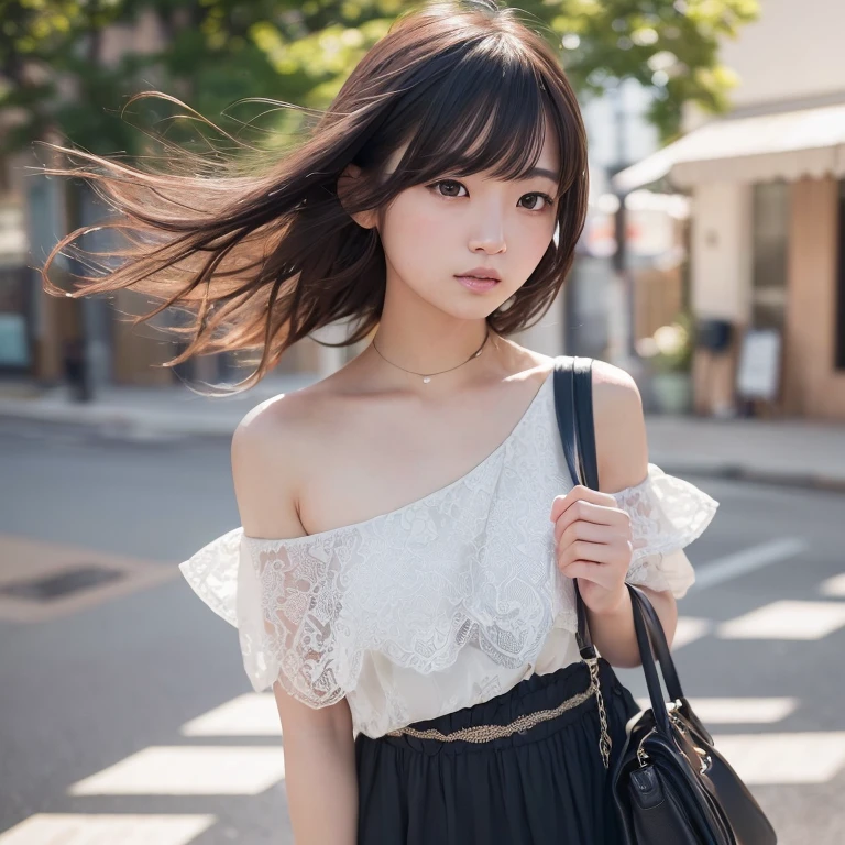 (dress、Shoulder bag)、(top-quality,​masterpiece:1.3,超A high resolution,),(ultra-detailliert,Caustics),(Photorealsitic:1.4,RAW shooting,)Ultra-realistic capture,A highly detailed,high-definition16Kfor human skin、 Skin texture is natural、、The skin looks healthy with an even tone、 Use natural light and color,One Woman,japanes,,kawaii,A dark-haired,Shorthair,Middle hair,(depth of fields、chromatic abberation、、Wide range of lighting、Natural Shading、)、(Hair swaying in the wind:1.2)、street corner
