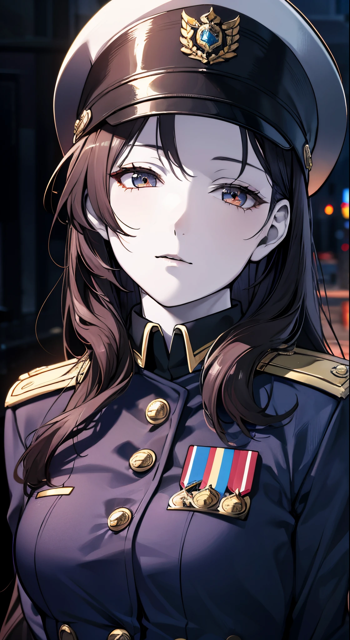 (masterpiece:1.2), (pale skin:1.2), (solo:1.2), (female:1.1), (emphasis lines:1.3), dark hair, military uniform, outdoors, long hair, closed mouth