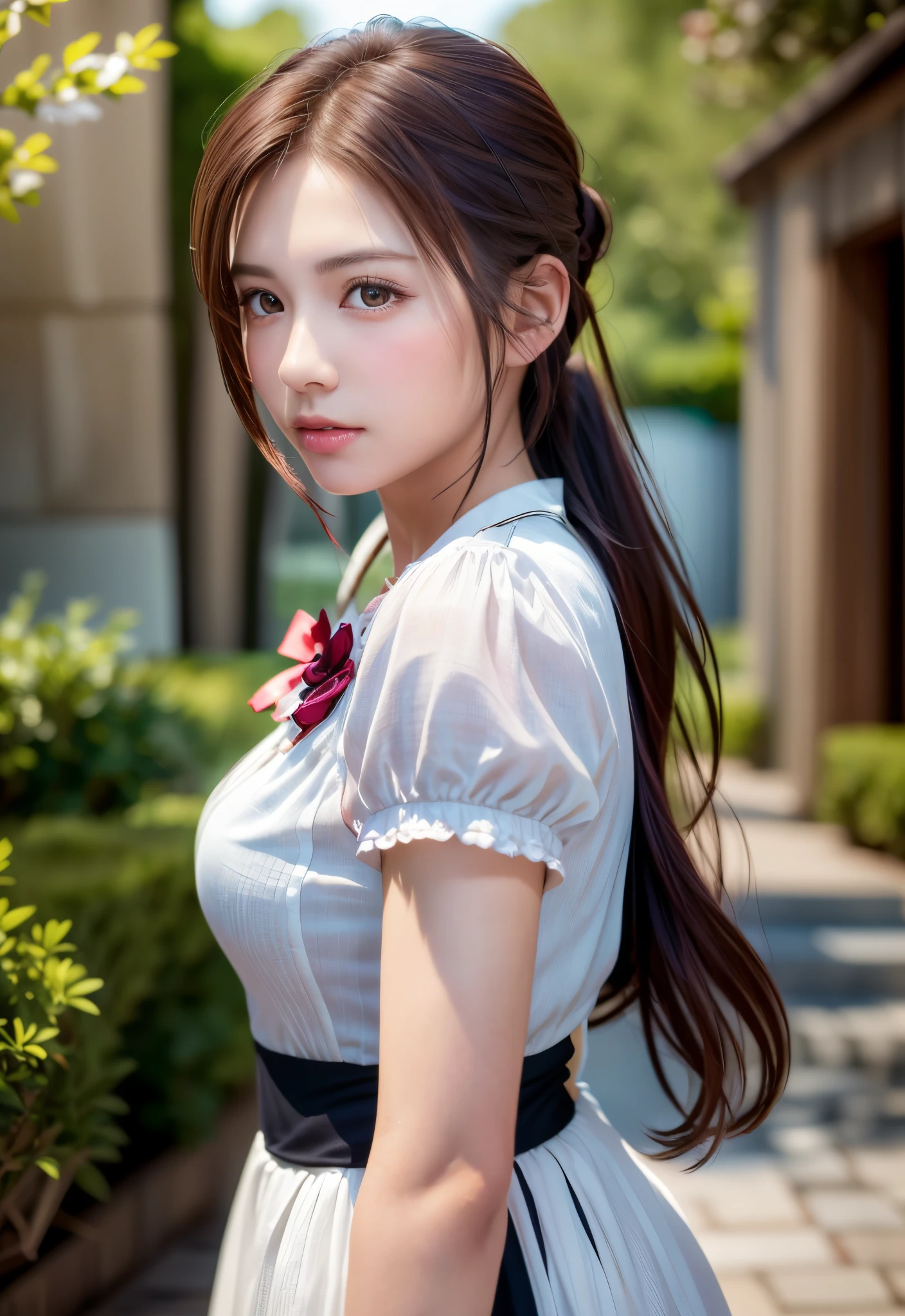 8K, of the highest quality, masutepiece:1.2), (Realistic, Photorealsitic:1.37), of the highest quality, masutepiece, Beautiful young woman, Pensive expression,、A charming、and an inviting look, Cute Maid Clothes, Hair tied back, Cinematic background, Light skin tone