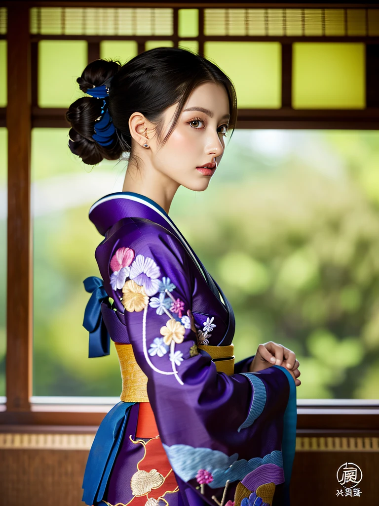 (Beautiful model in Japanese kimono commercial, beautiful straight long black hair), solo, ((face is 80% beauty and elegance, 20% pretty and cute:1.5)), clear eyes, (detailed eyes, light green eyes, bright pupils), Double Eyelids, (sexy lips with a little thickness:1.2), ((super detailed and incredibly high resolution Deep-purple Kimono:1.2)), Highly Detailed Face Texture, striking body shape, curvy and very attractive woman, high-resolution RAW color photo pro photo, BREAK ultra high-resolution textures, High-res body rendering, big eyes, unparalleled masterpiece, incredible high resolution, super detailed, stunning ceramic skin, BREAK ((Facing back to show the pattern of the Kimono:1.5)), ((Wearing a Yohen-Tenmoku kimono that uses a lot of glittering Deep-purple:1.5)), ((The main color is Deep-purple and the Yohen-Tenmoku Kimono has very colorful embroidery:1.2)), (Half-collar and Obi are White) ,(elaborately made classical Japanese Yohen-Tenmoku Kimono), ((The embroidery pattern is a Yohen Tenmoku pattern reminiscent of outer space):1.2), ((elaborately and elegantly decorated Deep-purple Kimono)), (Taken in front of a round fusuma window in a Japanese-style room)) BREAK ((Best Quality, 8k)), Crisp Focus:1.2, (Layer Cut, Big:1.2), (Beautiful Woman with Perfect Figure:1.4), (Beautiful and elegant rear view:1.3), Slender waist, (Correct hand shape:1.5), (Full body shot | cowboy shot)