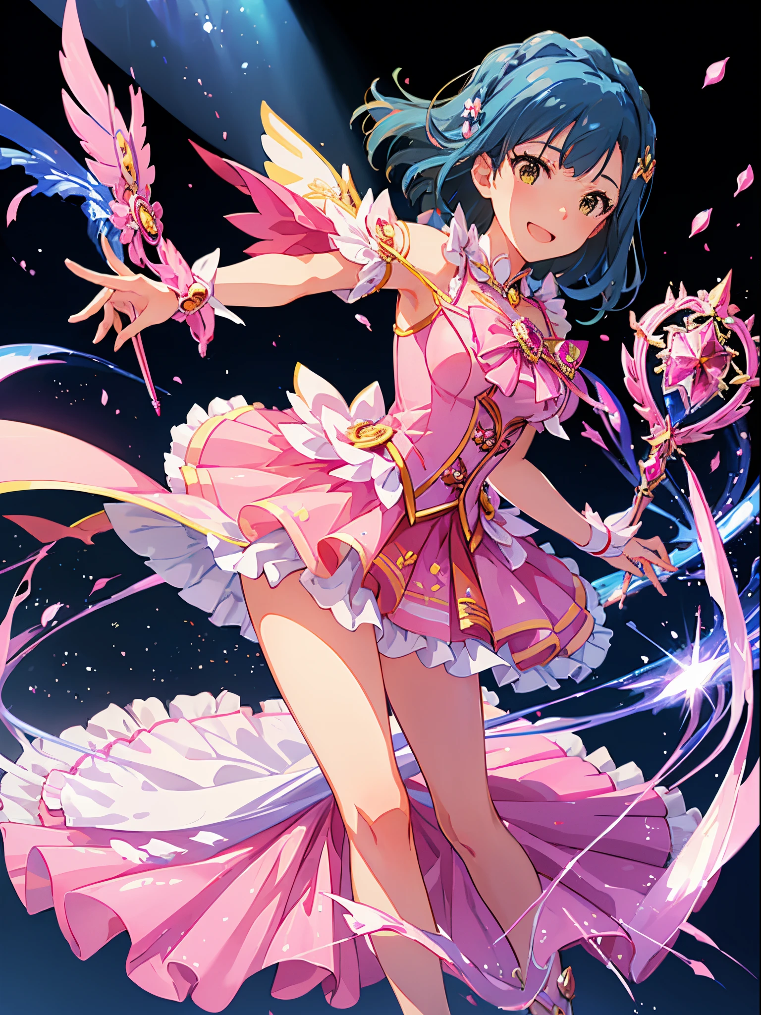 yuriko nanao (million live), 1 girl, Solo, Best Quality, masutepiece, High resolution, detailed face, smile, dynamic pose, casting the spell, (((magical girl:1.2, pink frilled dress, holding a wand,)))