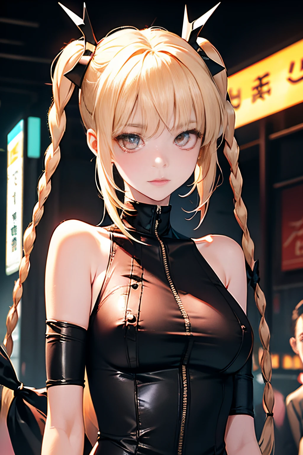 optimum，tmasterpiece，hight resolution，best qualtiy，hyper HD，super detailing，awardwinning， K，独奏，（The upper part of the body），anatomy correct，Beautiful cyberpunk girl，Cowboy Shot、cute  face，，a blond、Longhaire、Twin-tailed、Braids, Hairline，（（scarlet eyes）），long eyelasher，Hanging eye corners，White skin of the，((toppless)), (I can see my nipples), Sheer breasts, (I can see my nipples), Sheer breasts, radiant eyes、Rocket Tits, （Slim body），