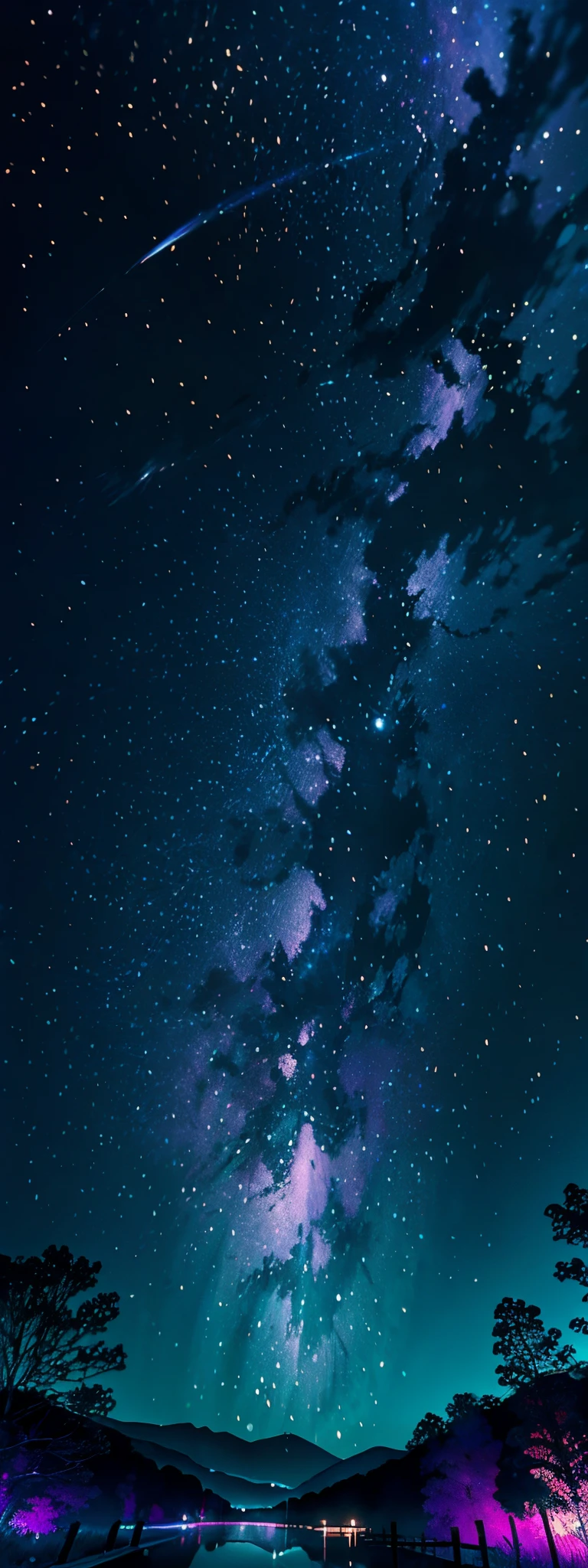 fotografia de paisagem expansiva, (a view from below that shows the sky above and the open field below), uma um casal parado em um campo de flores olhando para cima, (lua cheia: 1.2), (estrelas cadentes: 0.9), (nebulosa: 1.3), montanha distante , BREAK tree production art, (fonte de luz quente: 1.2), (Firefly: 1.2), lamp, muito roxo e laranja, detalhes complexos, volumetric lighting BREAK (obra-prima: 1.2), (melhor qualidade), 4k, ultradetalhado , (dynamic compositing: 1.4), detalhes coloridos altamente detalhados (cores iridescentes: 1.2), (bright illumination, Atmospheric Illumination), sonhador, magica, (solo: 1.2)