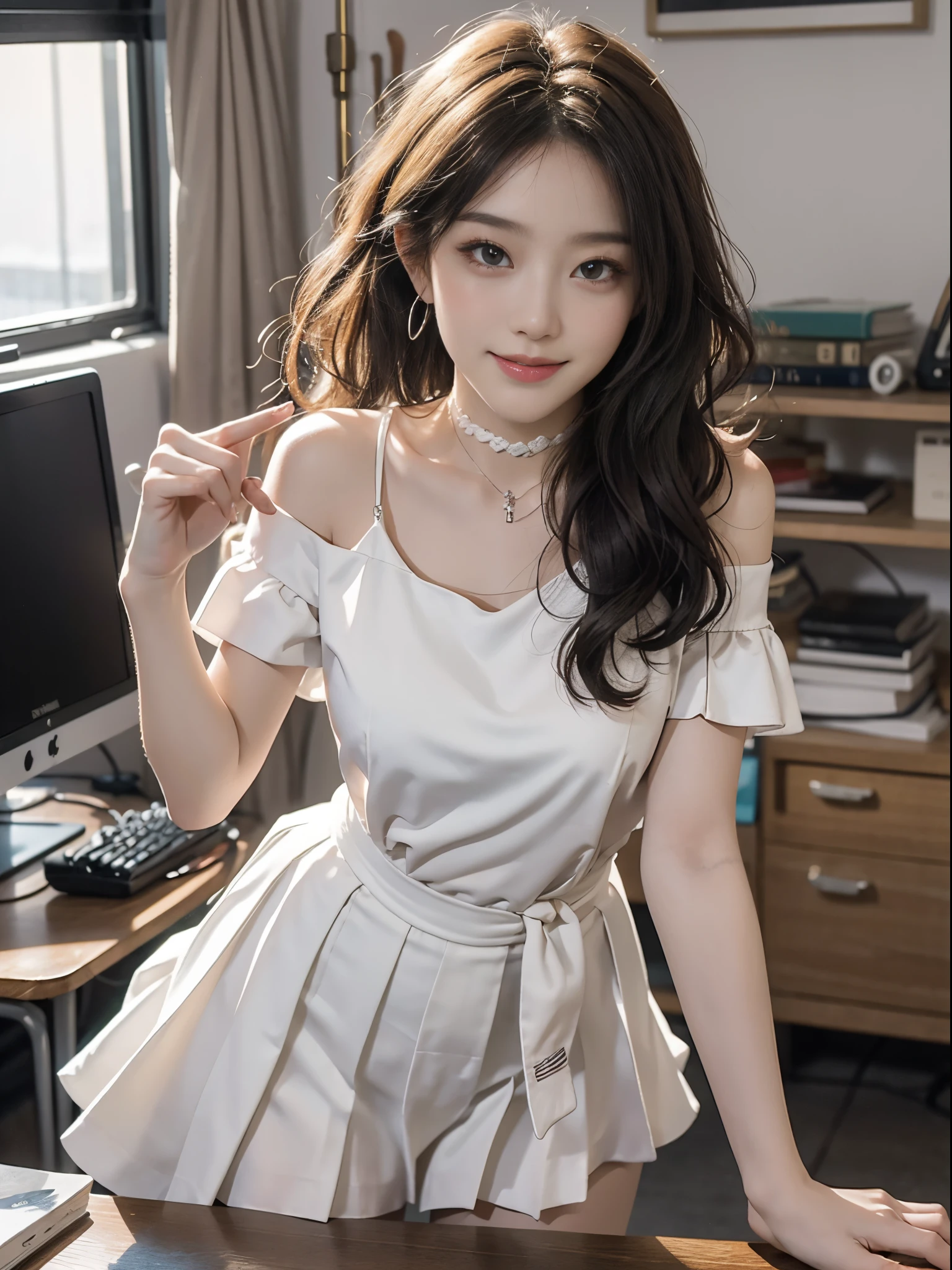 ((from below)), A young girl, beautiful girl, 校服, jk_lure_dress3, White color blouse, black short skirt, cropped shoulders, Slim, Slimming the waist, high-heels, the shy, grinning smile, ear nipple ring、choker necklace、heavy  makeups，Gorgeous eye makeup，Extremely beautiful eyes, coiffed blonde hair, curlies, long and flowing hair, In the office, Stand up, standing on your feet, leaning on desk, Cross ed leg, Mess up your hair, Posing for photos, Pose gracefully, Random shooting angle, warmly lit, Warm color palette, Best quality at best, beauitful face, Attractive, 超高分辨率, ultra real photo