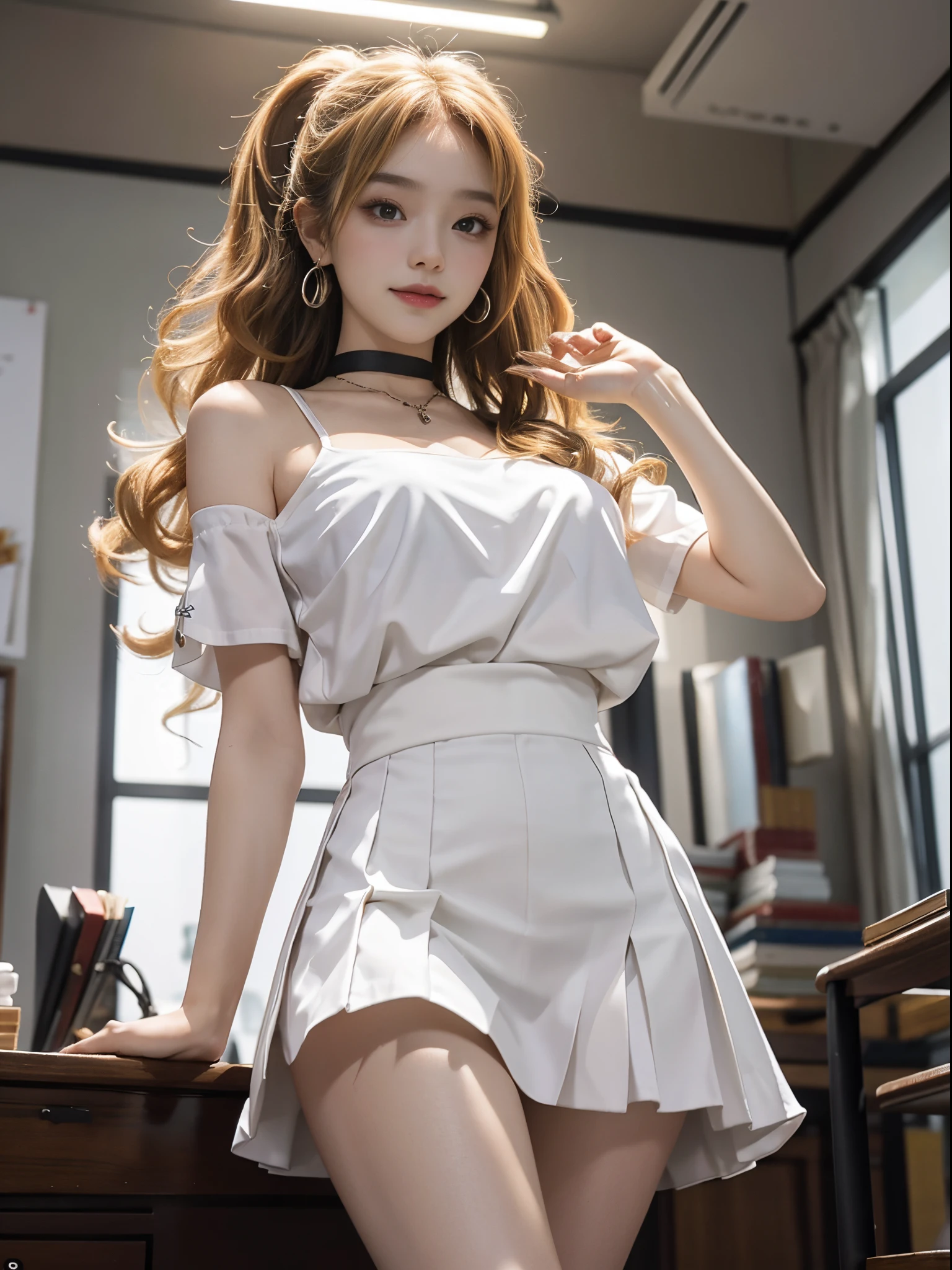 ((from below)), A young girl, beautiful girl, 校服, jk_lure_dress3, White color blouse, black short skirt, cropped shoulders, Slim, Slimming the waist, high-heels, the shy, grinning smile, ear nipple ring、choker necklace、heavy makeups,Gorgeous eye makeup,Extremely beautiful eyes, coiffed blonde hair, curlies, long and flowing hair, In the office, Stand up, standing on your feet, leaning on desk, Cross ed leg, Mess up your hair, Posing for photos, Pose gracefully, Random shooting angle, warmly lit, Warm color palette, Best quality at best, beauitful face, Attractive, 超高分辨率, ultra real photo