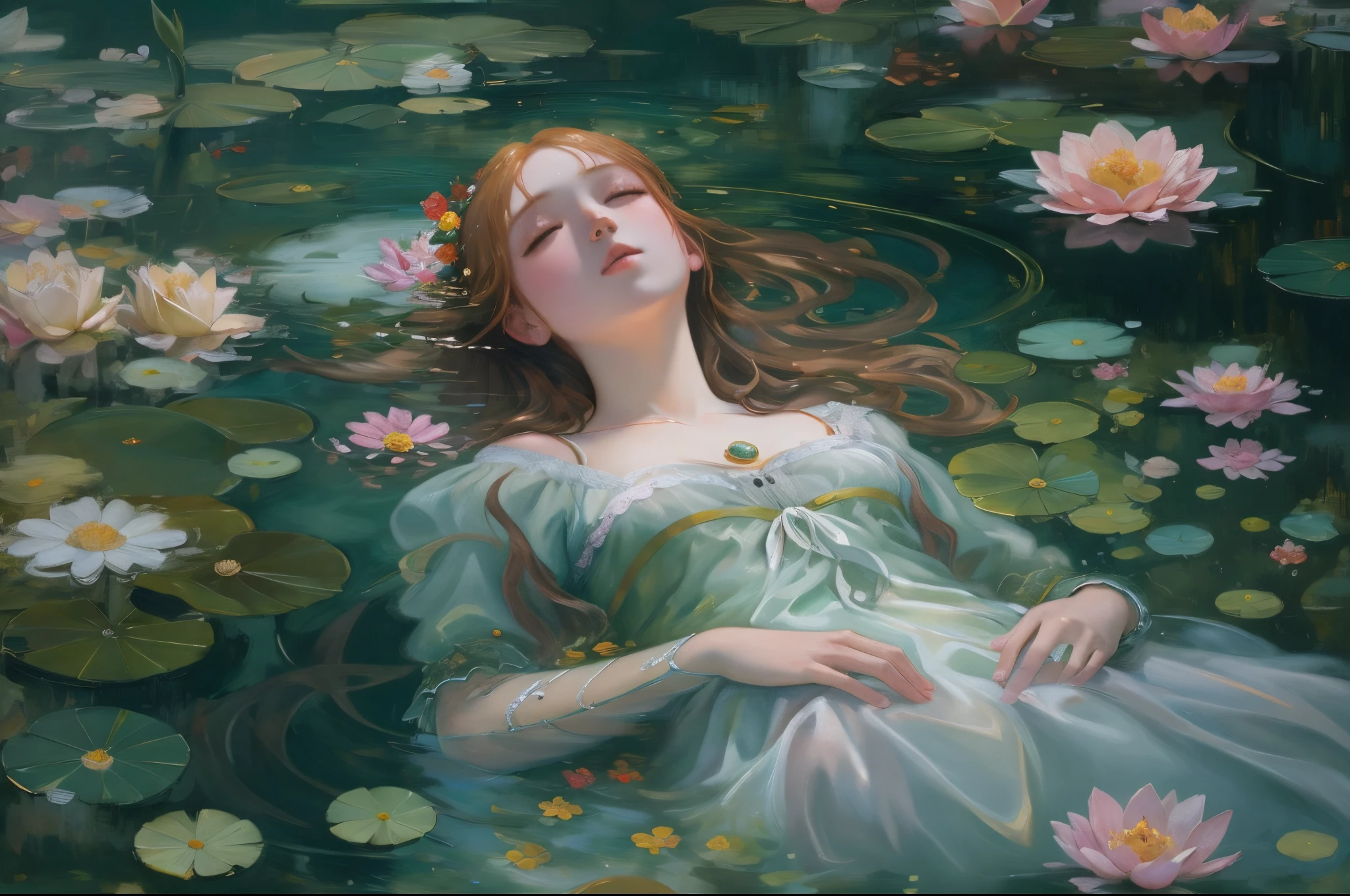 (Best quality,8K,A high resolution,tmasterpiece:1.2),an oil painting，《Ophelia》dead girl，body floating in water，floating in the flower pond, A beautiful artistic illustration, serene illustration, Guviz-style artwork,