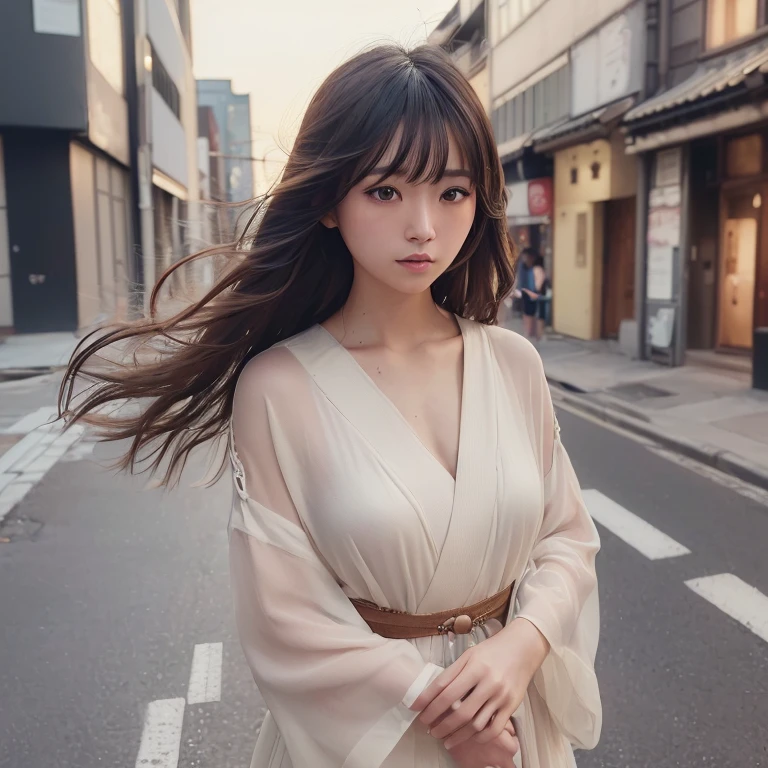 (Dress）、(top-quality,​masterpiece:1.3,超A high resolution,),(ultra-detailliert,Caustics),(Photorealsitic:1.4,RAW shooting,)Ultra-realistic capture,A highly detailed,high-definition16Kfor human skin、 Skin texture is natural、、The skin looks healthy with an even tone、 Use natural light and color,One Woman,japanes,,kawaii,A dark-haired,Shorthair,Middle hair,(depth of fields、chromatic abberation、、Wide range of lighting、Natural Shading、)、(Hair swaying in the wind:1.2)、street corner