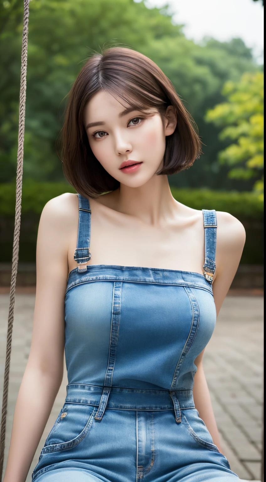 (Best quality, High resolution, Masterpiece :1.3), A tall and pretty woman, Slender figure beauty, Slender abs, Big breasts, (Dark brown short hair), Wearing jean short jumpsuit, Sitting on swing in park, Details exquisitely rendered in the face and skin texture, Detailed eyes, Double eyelid