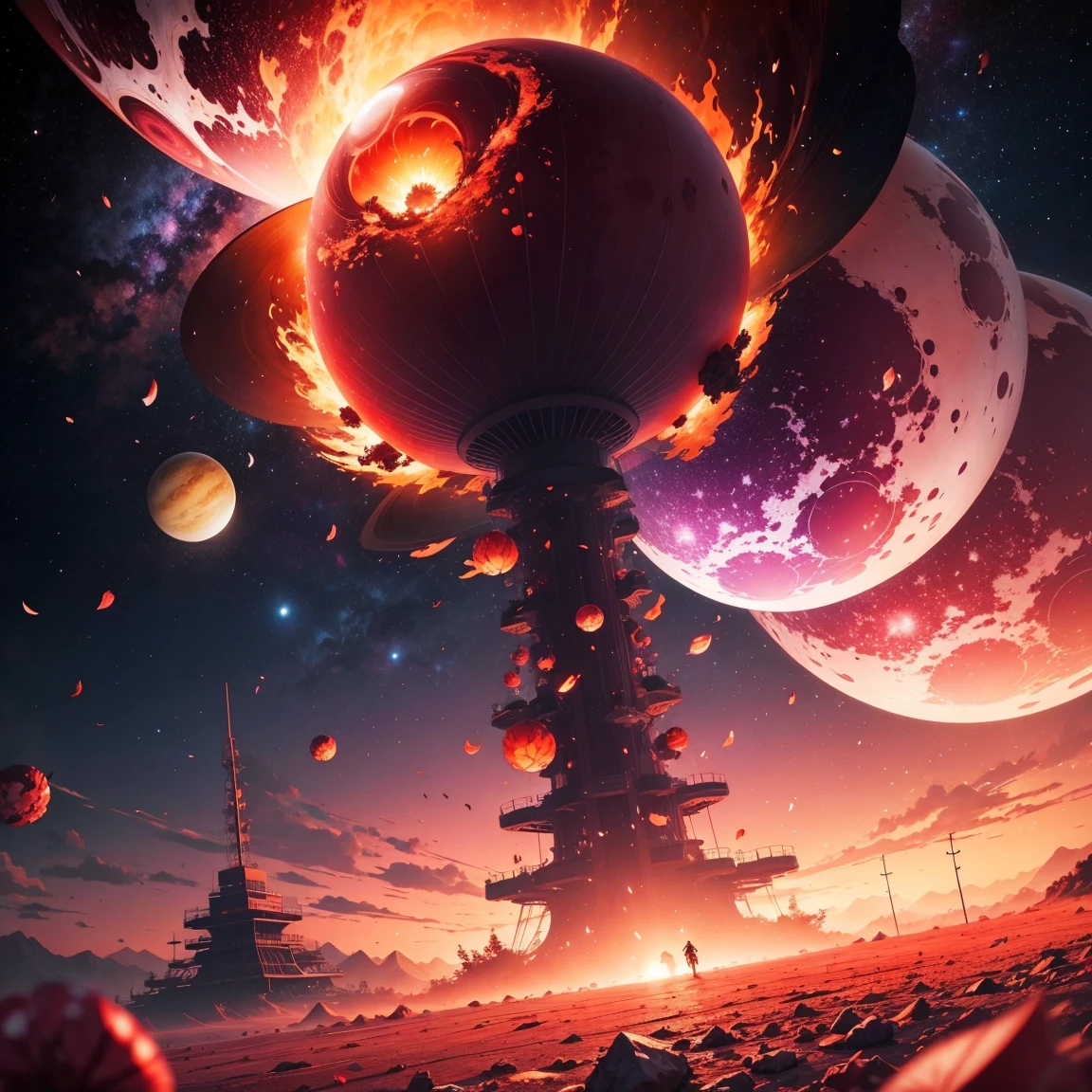Giant planets,Crimson sky,the ground,A beautiful cherry blossom tree,magma,falling leaf,honkai,fragmented