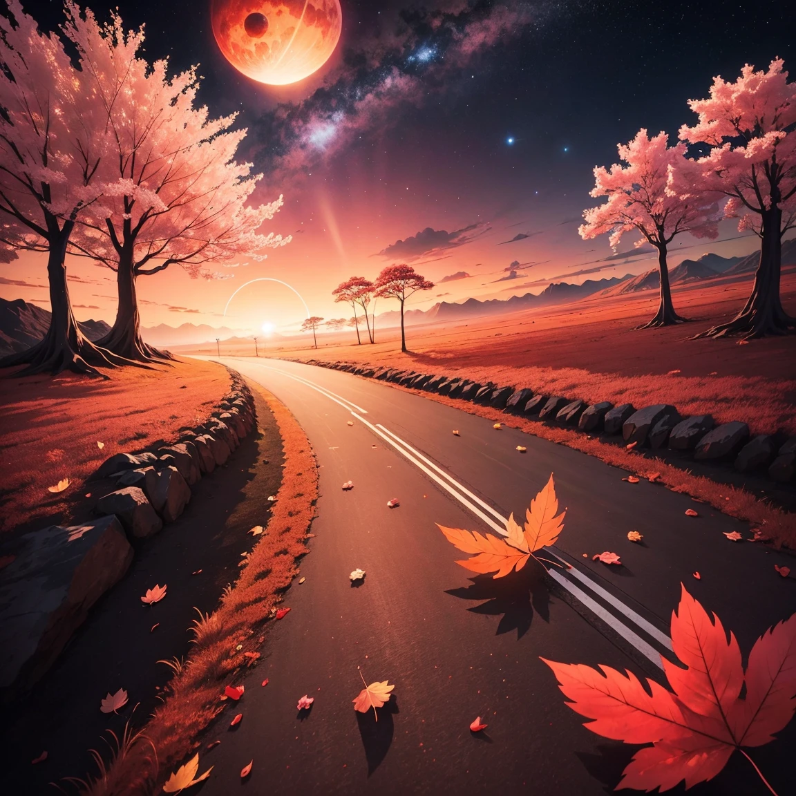 Giant planets,Crimson sky,the ground,A beautiful cherry blossom tree,magma,falling leaf,honkai,fragmented