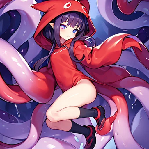 ((NSFW100))、(((full body seen)))、(((Indigo eyes))), (((Floating Girl)))、(((short dark hair))), (((The eyes are blue-violet)))、((She wears an oversized red hoodie made of bright red slimy tentacles))、(Mucus and slimy skin)、((cheeks are flushed))、((White drool drips from the mouth))、(The legs are made of slimy tentacles)、(The arms are made of slimy tentacles)、(Hanging from a tree with a tentacle tail)、gazing into distance、extend tentacle arm back、Slimy tentacles extend from the sleeves of my hoodie..............、Lift and support the body with its thick red tentacle tail.、long red socks made of red tentacles、heart、Bend your elbows、miniskirt made of tentacles
