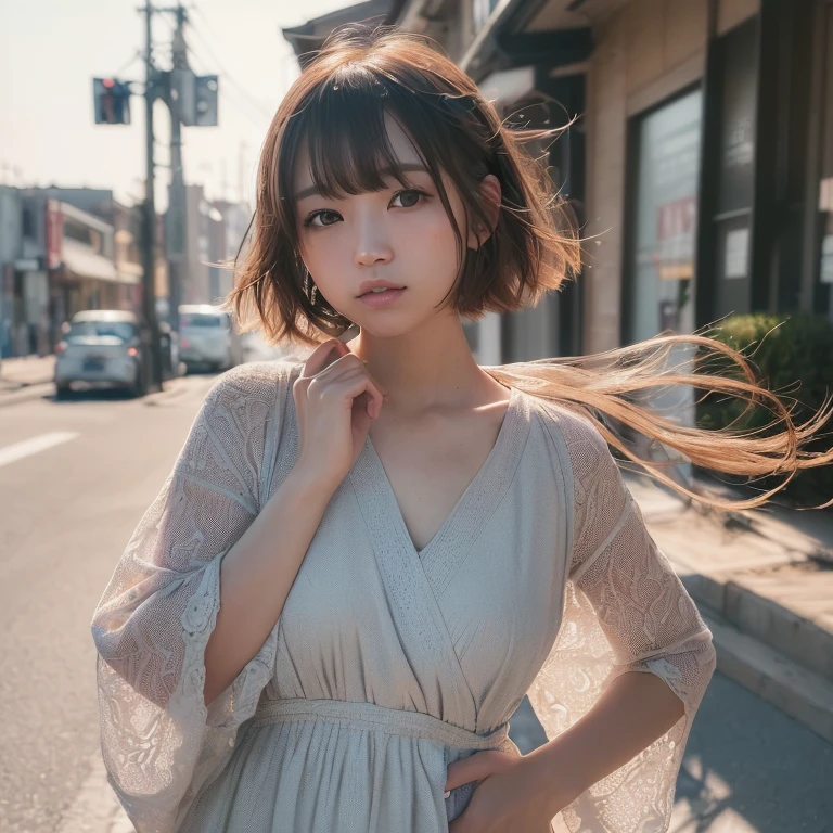 (Dress)、(top-quality,masterpiece:1.3,超A high resolution,),(ultra-detailliert,Caustics),(Photorealsitic:1.4,RAW shooting,)Ultra-realistic capture,A highly detailed,high-definition16Kfor human skin、 Skin texture is natural、、The skin looks healthy with an even tone、 Use natural light and color,One Woman,japanes,,kawaii,Shorthair,Middle hair,(depth of fields、chromatic abberation、、Wide range of lighting、Natural Shading、)、(Hair swaying in the wind:1.2)、street corner