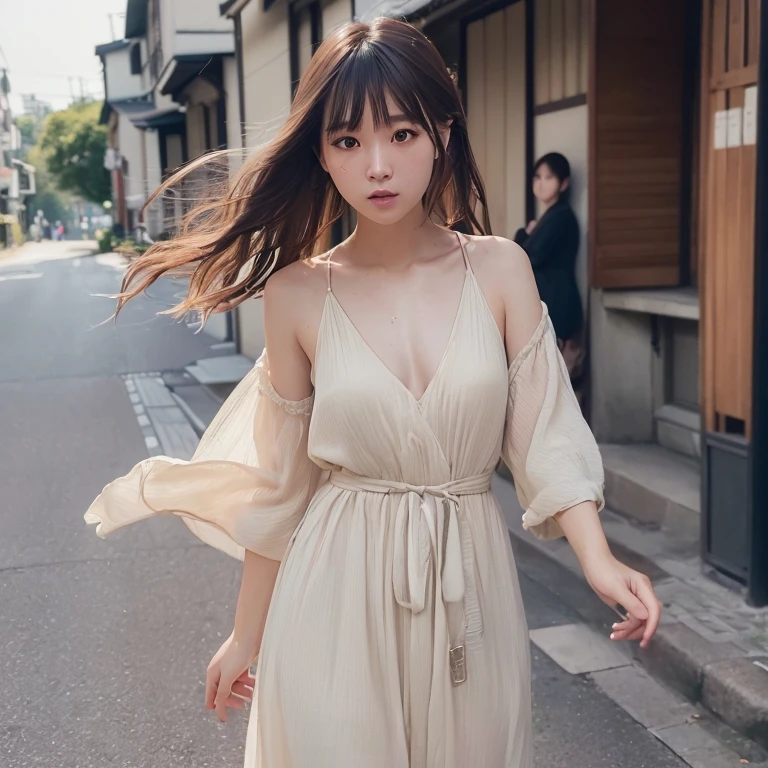 (Dress)、(top-quality,masterpiece:1.3,超A high resolution,),(ultra-detailliert,Caustics),(Photorealsitic:1.4,RAW shooting,)Ultra-realistic capture,A highly detailed,high-definition16Kfor human skin、 Skin texture is natural、、The skin looks healthy with an even tone、 Use natural light and color,One Woman,japanes,,kawaii,Shorthair,Middle hair,(depth of fields、chromatic abberation、、Wide range of lighting、Natural Shading、)、(Hair swaying in the wind:1.2)、street corner