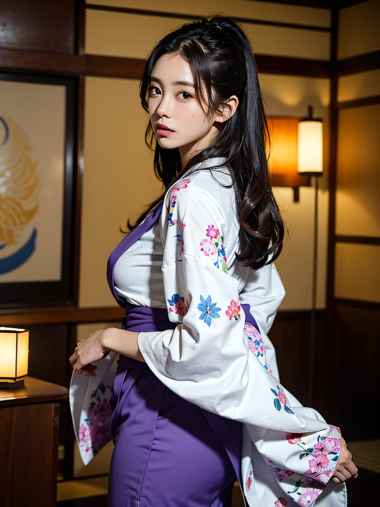 (Beautiful model in Japanese kimono commercial, beautiful straight long black hair), solo, ((face is 80% beauty and elegance, 20% pretty and cute:1.5)), clear eyes, (detailed eyes, light green eyes, bright pupils), Double Eyelids, (sexy lips with a little thickness:1.2), ((super detailed and incredibly high resolution Deep-purple Kimono:1.2)), Highly Detailed Face Texture, striking body shape, curvy and very attractive woman, high-resolution RAW color photo pro photo, BREAK ultra high-resolution textures, High-res body rendering, big eyes, unparalleled masterpiece, incredible high resolution, super detailed, stunning ceramic skin, BREAK ((Facing back to show the pattern of the Kimono:1.5)), ((Wearing a Yohen-Tenmoku kimono that uses a lot of glittering Deep-purple:1.5)), ((The main color is Deep-purple and the Yohen-Tenmoku Kimono has very colorful embroidery:1.2)), (Half-collar and Obi are White) ,(elaborately made classical Japanese Yohen-Tenmoku Kimono), ((The embroidery pattern is a Yohen Tenmoku pattern reminiscent of outer space):1.2), ((elaborately and elegantly decorated Deep-purple Kimono)), (Taken in front of a round fusuma window in a Japanese-style room)) BREAK ((Best Quality, 8k)), Crisp Focus:1.2, (Layer Cut, Big:1.2), (Beautiful Woman with Perfect Figure:1.4), (Beautiful and elegant rear view:1.3), Slender waist, (Correct hand shape:1.5), (Full body shot | cowboy shot)