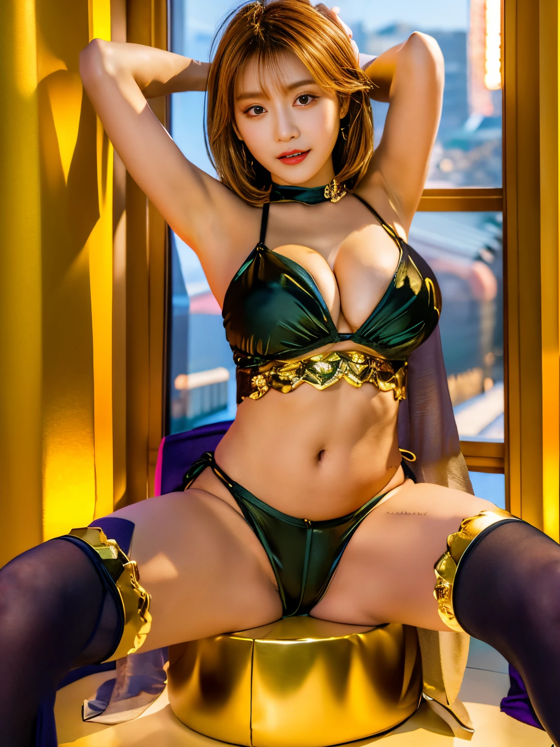 top-quality, masterpiece, 超A high resolution, (Photorealsitic: 1.4), ((sitting and spreading her legs))、Raw photo, Luxury hotel lounges、Kpop Idol、18year old、Black hair twintails、Golden sexy swimsuit , Colossal tits、Opening Mouth、(Hands behind the head)、full body Esbian、a choker、high-heels