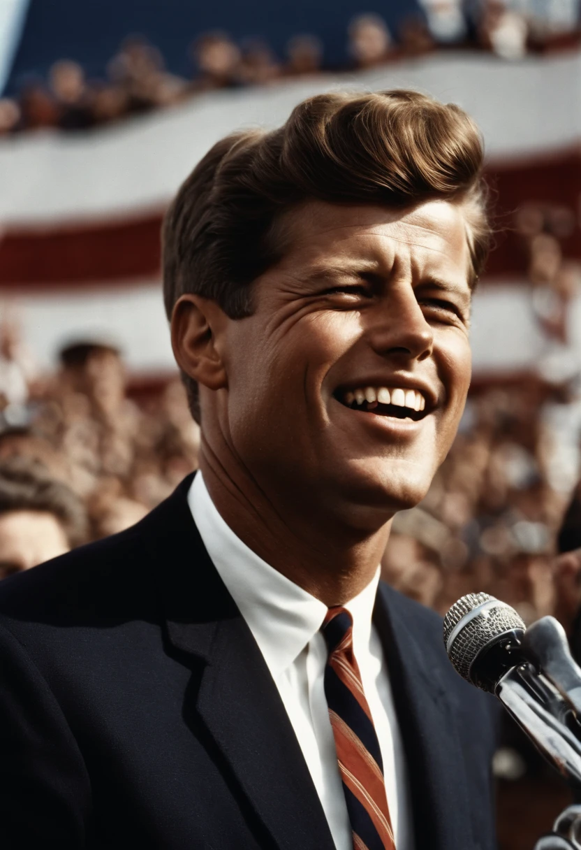 A photo of Kennedy giving a passionate speech at a political rally,original,John F. Kennedy, the 35th President of the United States, was renowned for his handsome, charismatic appearance, with his wavy hair, engaging smile, and a sense of style that exuded confidence and charm. His tailored suits and poised demeanor contributed to a public image of youthful vigor and sophistication.