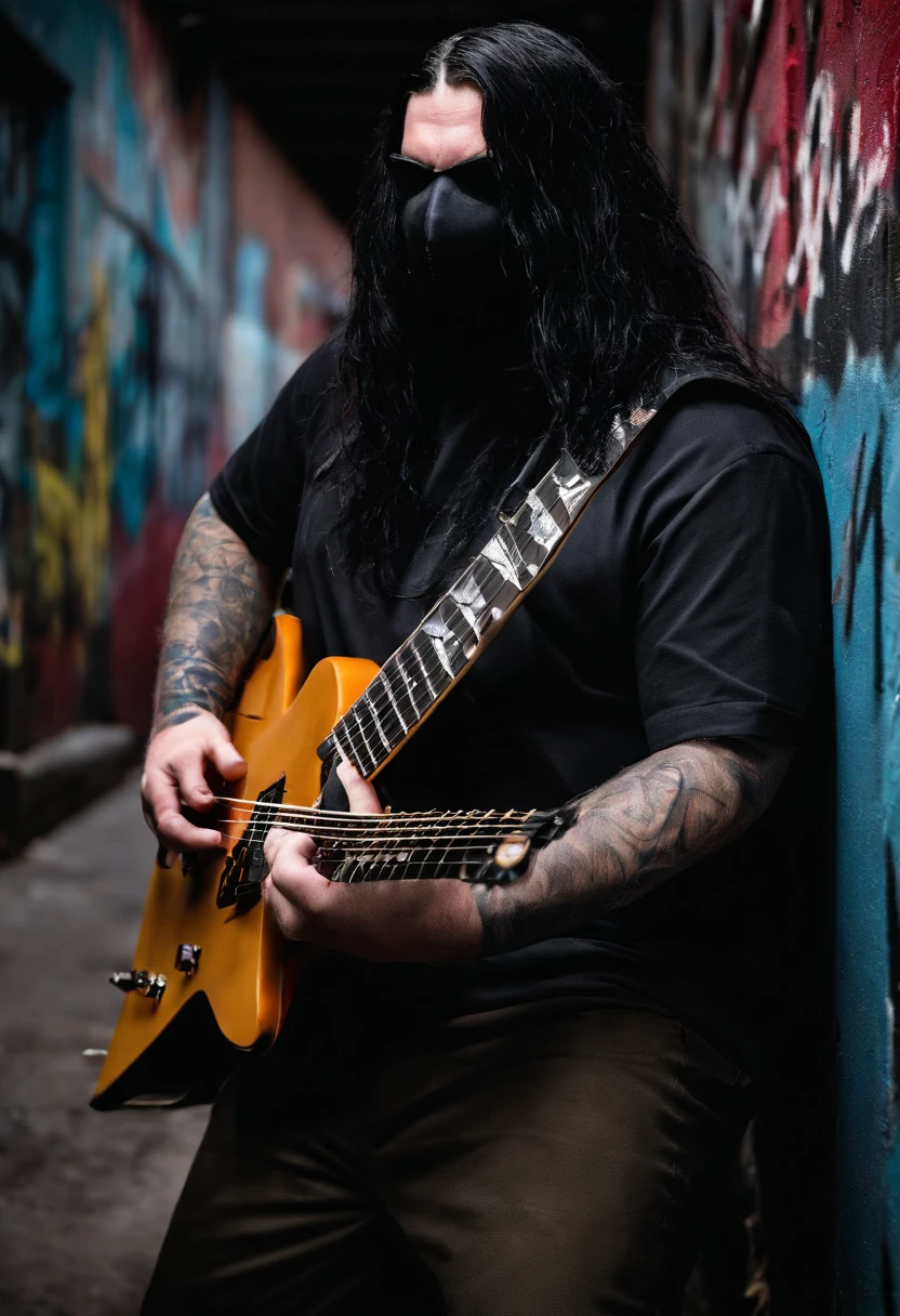 A photo of Slipknot's guitarist, Mick Thomson, practicing riffs in a graffiti-covered alleyway.,original,slipknot