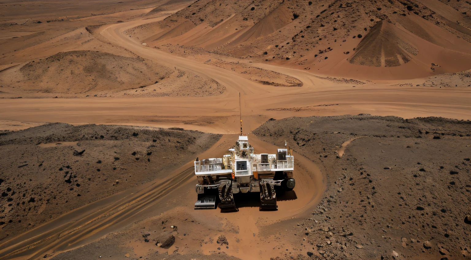 On Mars, a huge cutting-edge drilling machine is at work. The Martian ground is dotted with metallic textures, mineral conveyor belts, and many mining crews. Bright pictures, different machines, starry sky, daytime, digging into large mechanical details, super wide angle, bird's eye view, high reality, light and dark