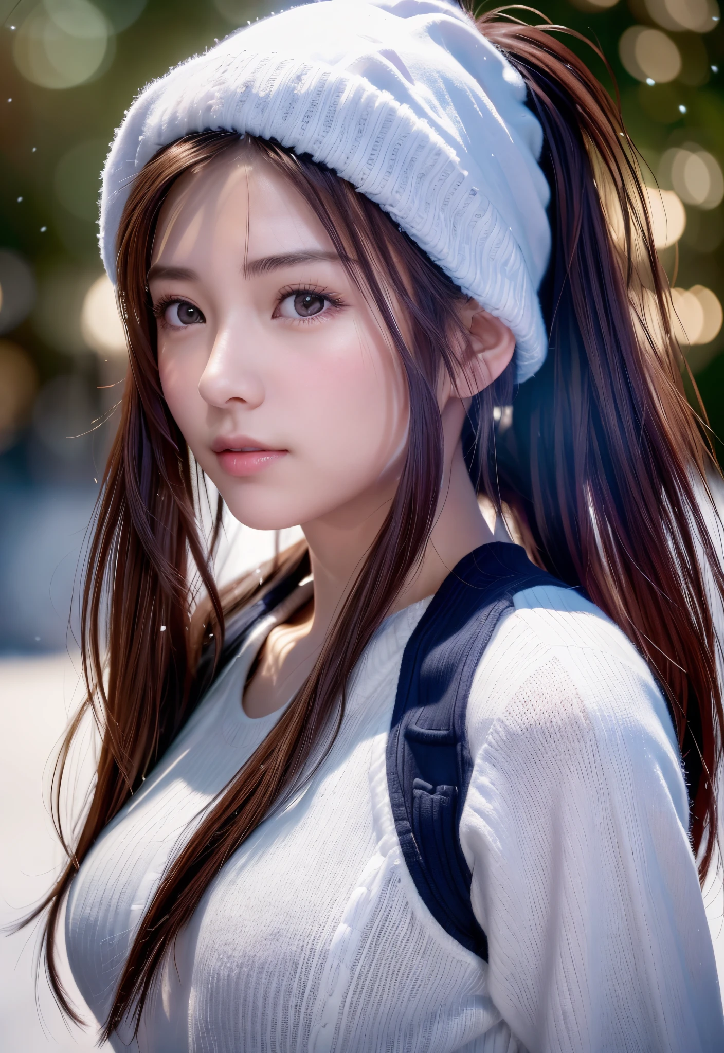8K, of the highest quality, masutepiece:1.2), (Realistic, Photorealsitic:1.37), of the highest quality, masutepiece, Beautiful young woman, Pensive expression,、A charming、and an inviting look, Ski Slopes、snowboarder、Ski Wear, Hair tied back, Cinematic background, Light skin tone