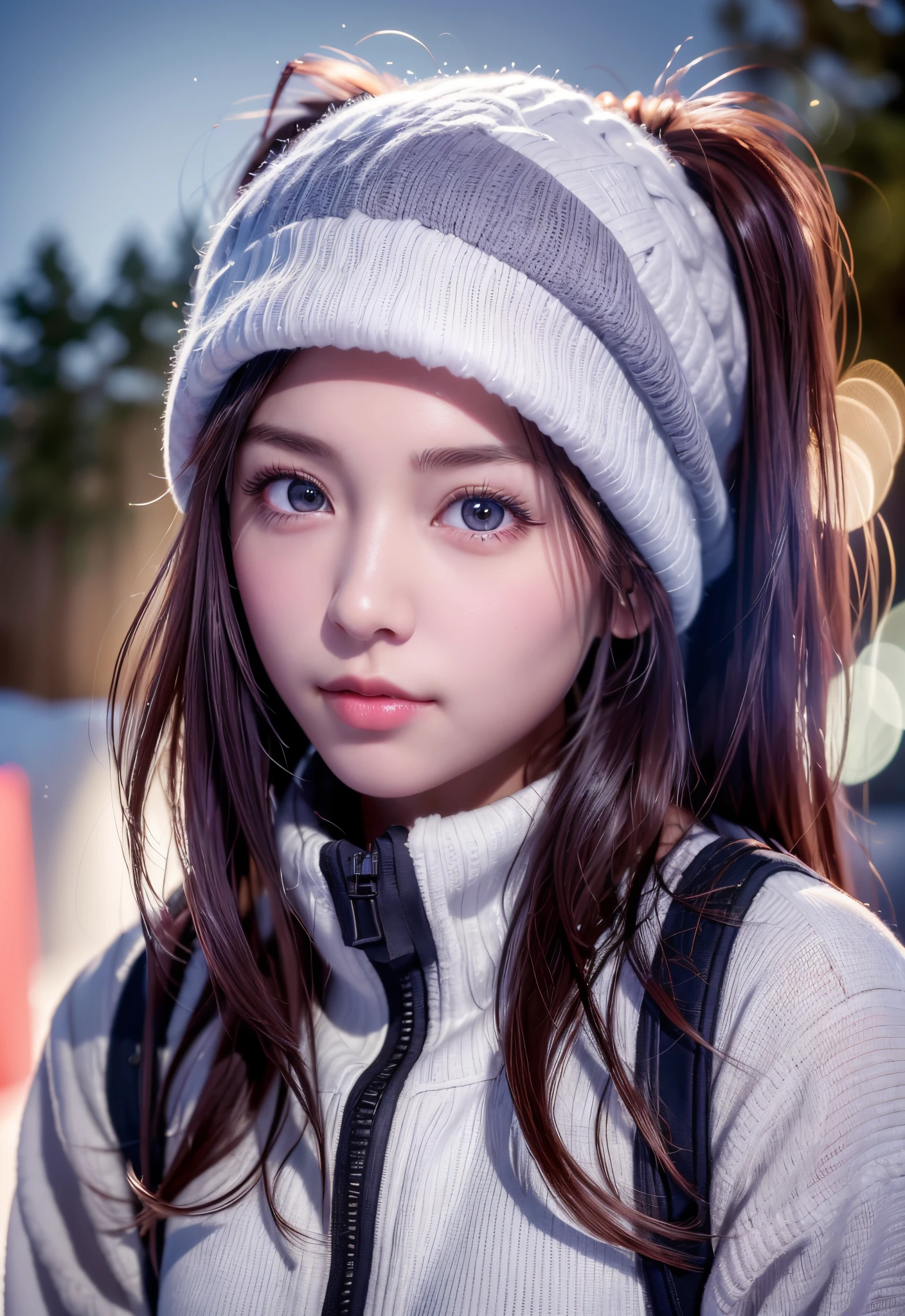 8K, of the highest quality, masutepiece:1.2), (Realistic, Photorealsitic:1.37), of the highest quality, masutepiece, Beautiful young woman, Pensive expression,、A charming、and an inviting look, Ski Slopes、snowboarder、Ski Wear, Hair tied back, Cinematic background, Light skin tone