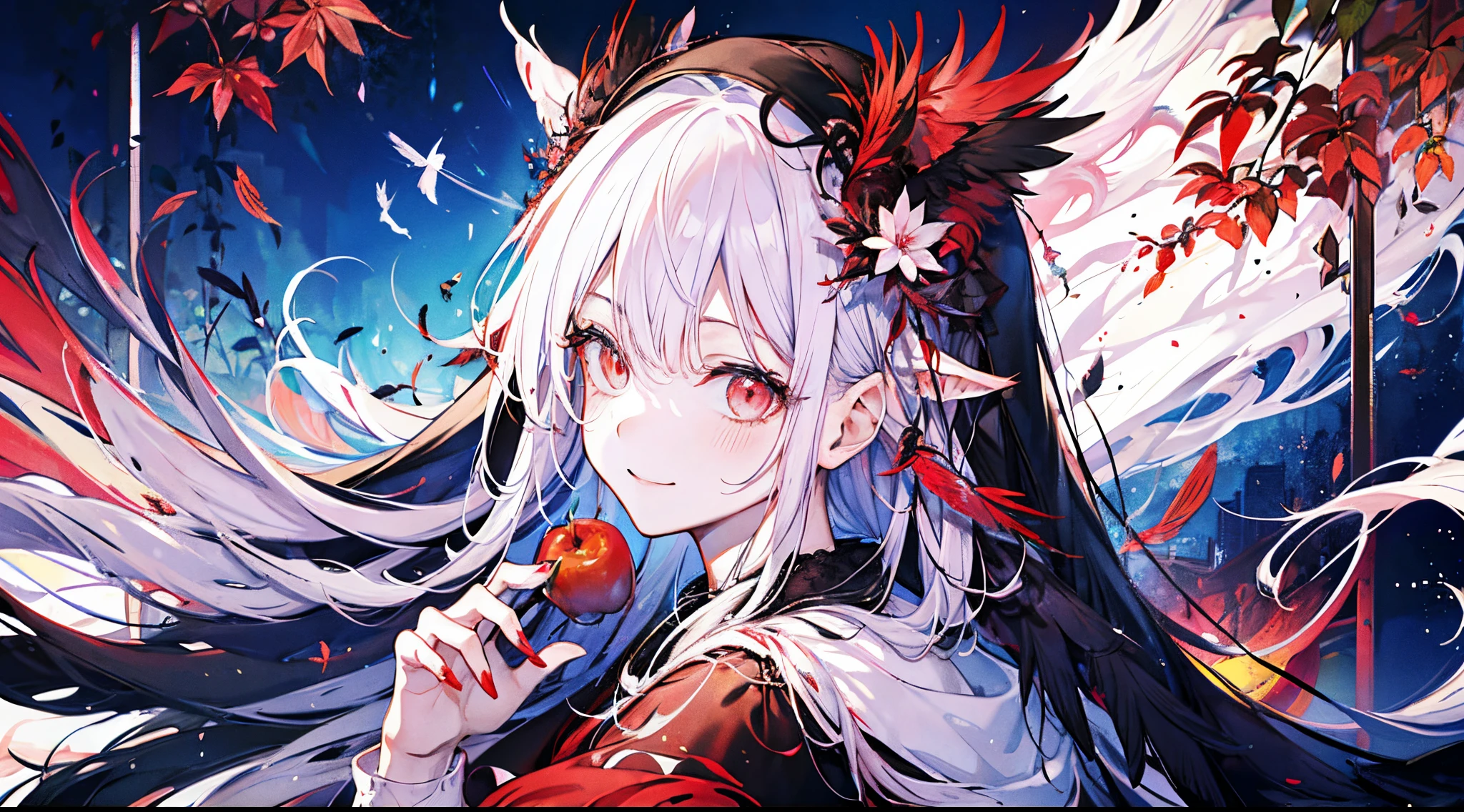 ((tmasterpiece:1.4,Best quality at best))+,(hyper-detailing)+,(Ultra-detailed eyes)+,(winged ears:1.5),The halo
(cute girls),ar old,(Crimson pupils:1.15),dark blue long hair,long braid,Bushy hair(wariza:1.2),pale-skinned,Stupid smile,red rhombus crystal,red bird feathers,Empty eyes
(She wore a conservative red and yellow bird feather coat,Black pattern,:1.5),(Starry Sky Cloak:1.4)The sleeves are long,Red bird feather headdress,Wings of Fire,baiyun,A sea of red leaves and rice fields,Dream bubbles,crow crow ,rednails,sun crown,red apple,Red Lotus,Vines surround
(bird feathers:1.1),
(dawn light:1.2),
(Thick black and white:1.16),(depth of fields:1.4),,Complicated details,