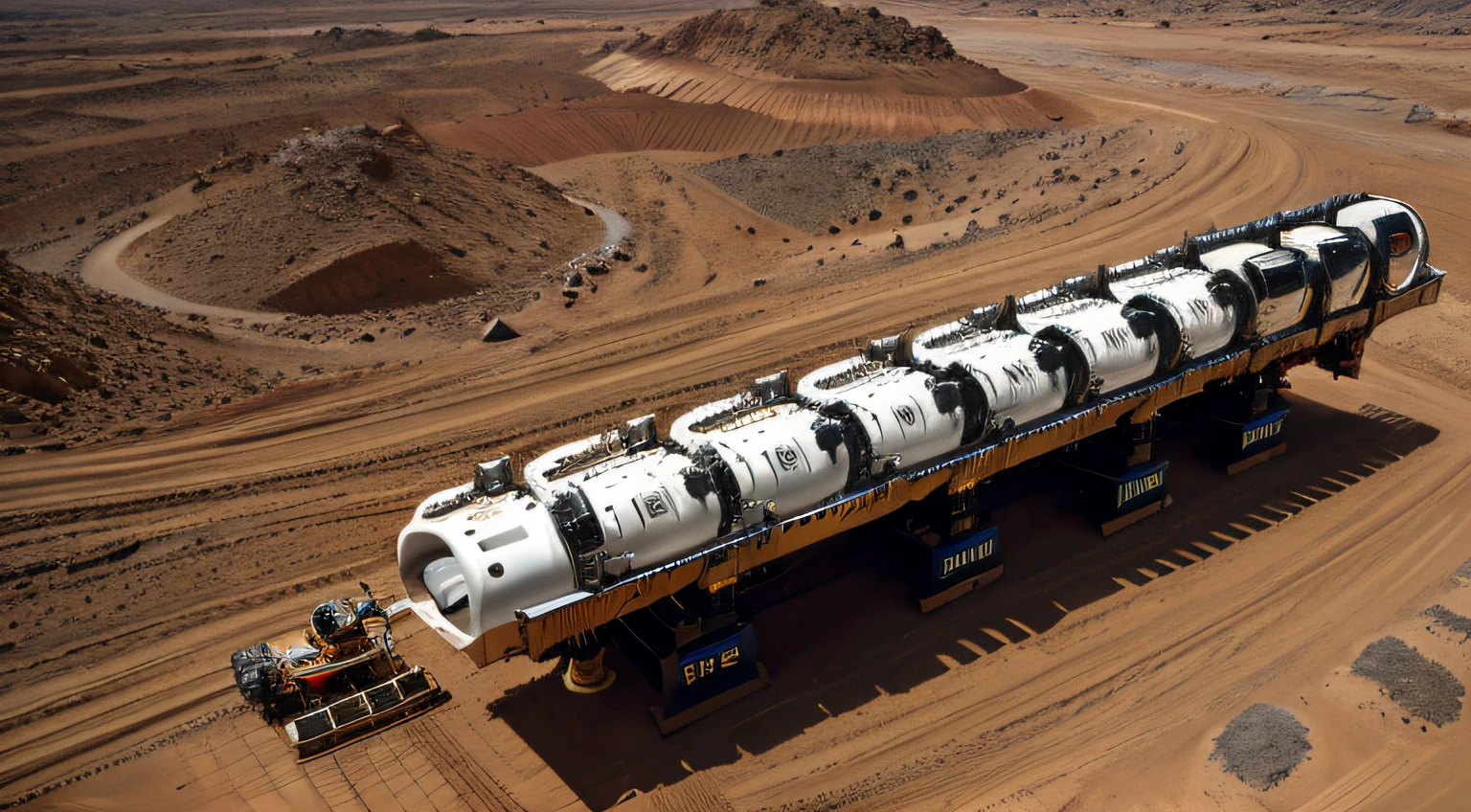 On Mars, a huge cutting-edge drilling machine is at work. The Martian ground is dotted with metallic textures, mineral conveyor belts, and many mining crews. Bright pictures, different machines, starry sky, daytime, digging into large mechanical details, super wide angle, bird's eye view, high reality, light and dark