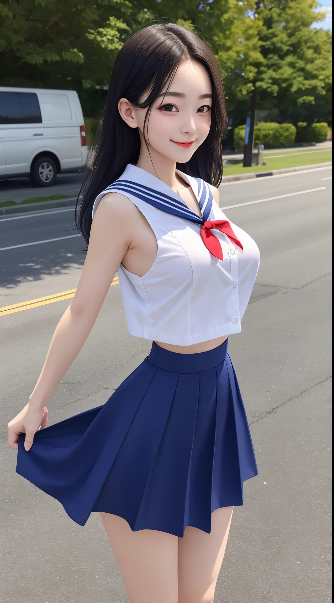 (best quality, 8k, 32k, masterpiece, UHD:1.2), (RAW photo), (realistic), (photorealistic:1.2), (high resolution), huge filesize, ultra-detailed, α7S III, serafuku, japanese school, dark blue pleated skirt, skirt lift, white panties,