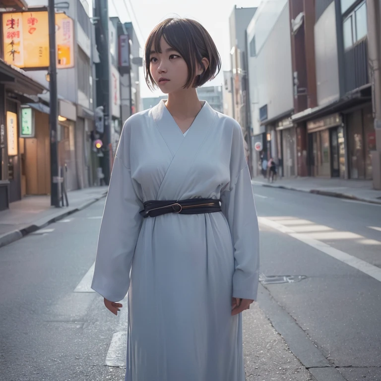(Dress）、(top-quality,​masterpiece:1.3,超A high resolution,),(ultra-detailliert,Caustics),(Photorealsitic:1.4,RAW shooting,)Ultra-realistic capture,A highly detailed,high-definition16Kfor human skin、 Skin texture is natural、、The skin looks healthy with an even tone、 Use natural light and color,One Woman,japanes,,kawaii,Shorthair,Middle hair,(depth of fields、chromatic abberation、、Wide range of lighting、Natural Shading、)、(Hair swaying in the wind:1.0)、street corner